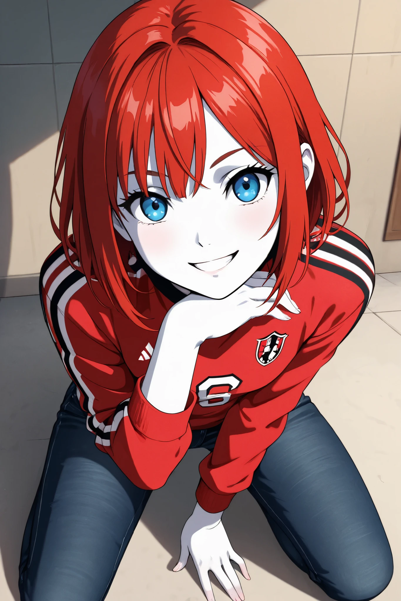 masterpiece:1.2, best quality, detailed,Super high quality,perfect anatomy,beautiful light and shadow, ,Beautiful white skin , red hair, blue eyes,slim, young woman in her early 20s ,1girl,scenary, solo, very detailed eyes, anime style , 8k digital painting, wearing an AC Milan jersey and black_jeans, random pose, smiling,