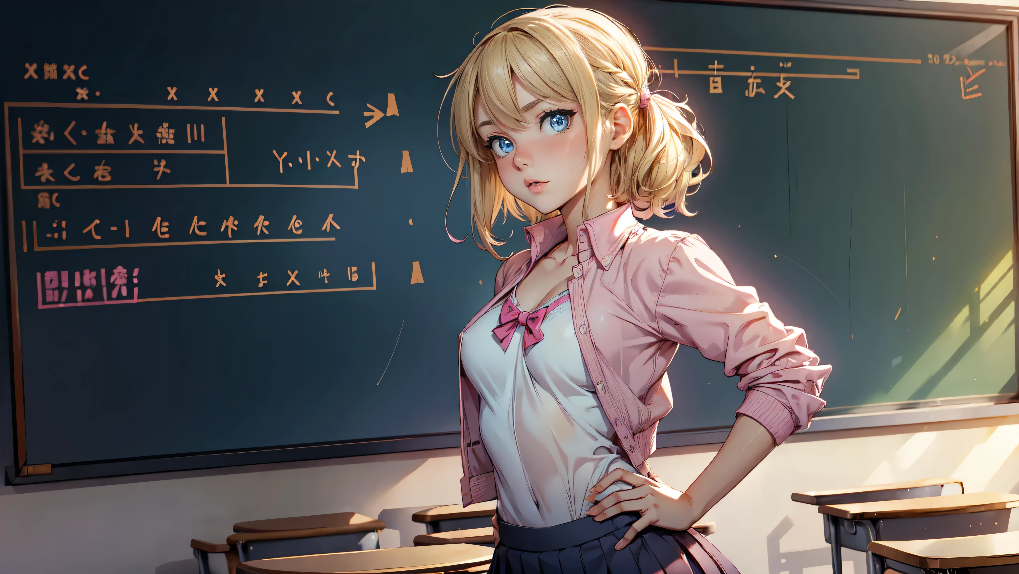 1girl, solo, single girl, young girl, Standing in a classroom, Cute blonde girl wearing revealing pink high-school uniform in classroom, sexy, petite, blue eyes, popular girl, standing in front of the chalkboard, 