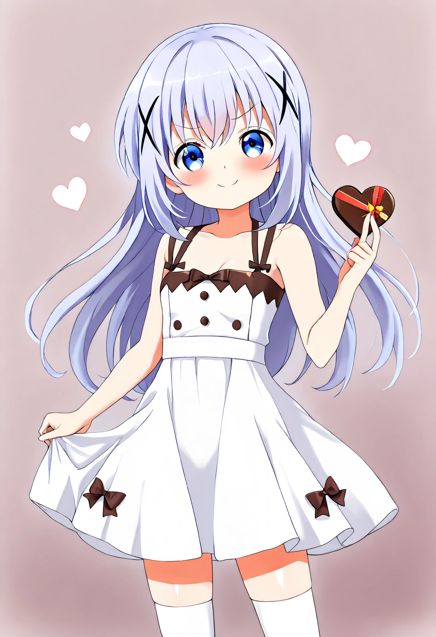 (anime colored), valentine chocolate , Give the chocolate ,heart shaped chocolate,thigh highs,v-shaped eyebrows,smiling,1girl,solo,(li), white dress ,kafuu chino , (petite),very cute ,small breasts,Original style, Very high quality, soft to the touch, beautiful,super detailed skin, high resolution, novel illustration, shiny skin,in gochuumon wa usagi desu ka? Style, dynamic pose