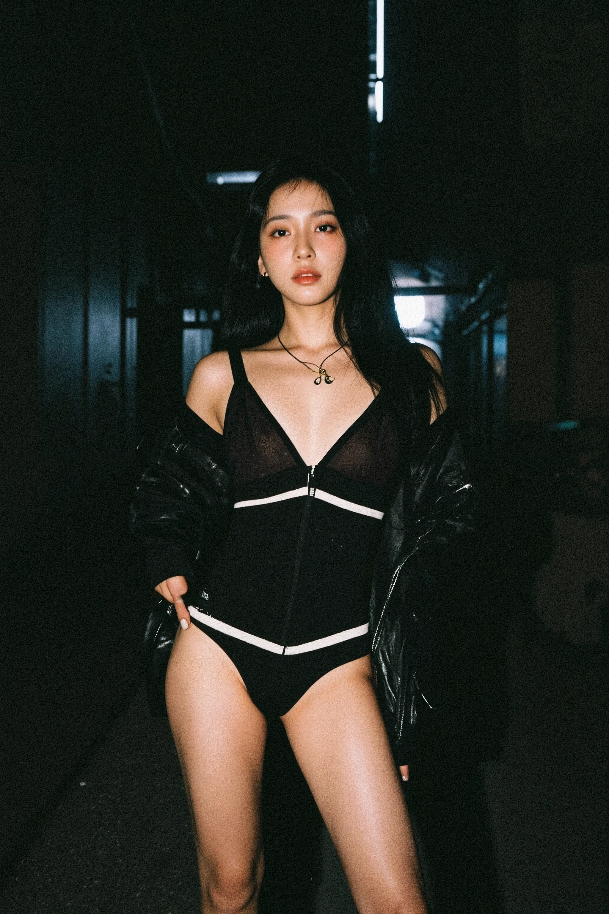 [20250210-001] (ultra-realistic, highly detailed masterpiece:1.5), (nighttime urban alley, empty and moody:1.4), (intense flash photography, harsh lighting reflecting on skin:1.4), (breathtakingly beautiful young Japanese woman:1.4), (upper body to mid-thigh framing, emphasizing toned legs and candid posture:1.4),  (summer season, daring and minimalistic outfit, sleek and form-fitting, bright colors:1.4),  (low-angle shot, enhancing strength and allure:1.3)
