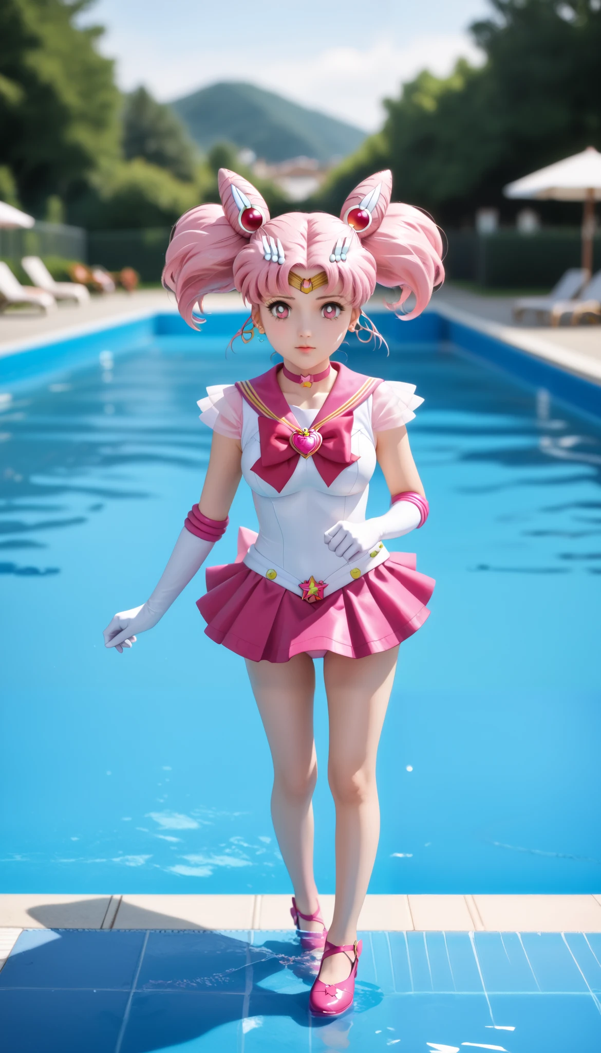zPDXLrl, score_9, score_8_up, score_7_up, rating explicit, masterpiece, best quality, ultra HD quality details, realistic, 1girl, chibiusa, cone hair bun, double bun, hair bun, hair ornament, pink eyes, pink hair, short hair, twintails, circlet, parted bangs, bow, brooch, choker, earrings, elbow gloves, gloves, heart brooch, magical girl, pink bow, pink choker, pink sailor collar, pink skirt, pleated skirt, sailor collar, sailor senshi uniform, skirt, stud earrings, white gloves, full body, long shot, road, (((swimming pool background, water pool, afternoon, twilight, blurred background))), slight fog, Lively streets, round breasts, sunny, ((pink panties)).