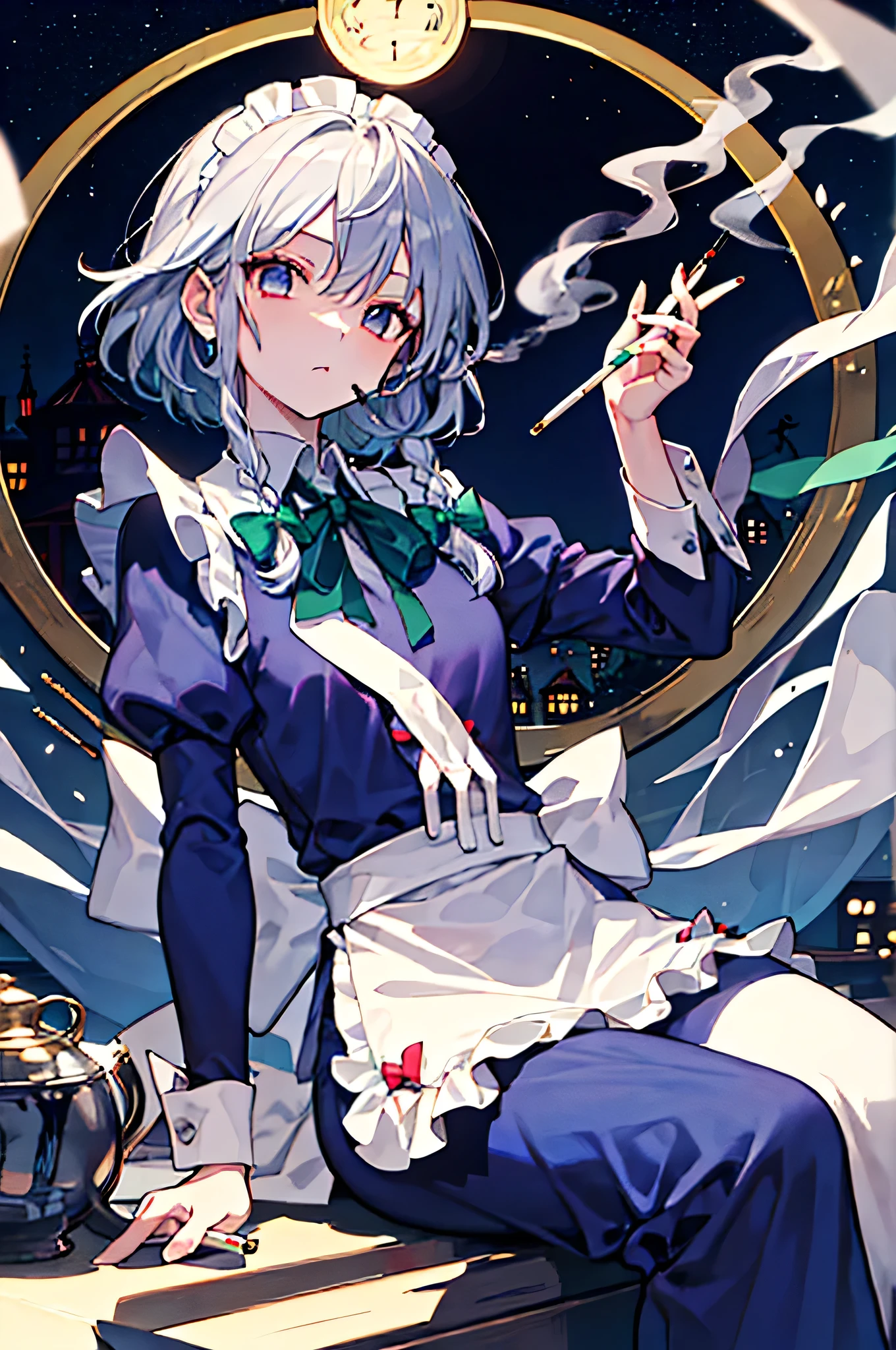 solo、 Sixteen Night Sakaki Night 、 Touhou Project、 cigarettes、smoking、 Blue Maid Outfit、 Hi-Res、Silver hair braid 、Green ribbon in hair、Night House 