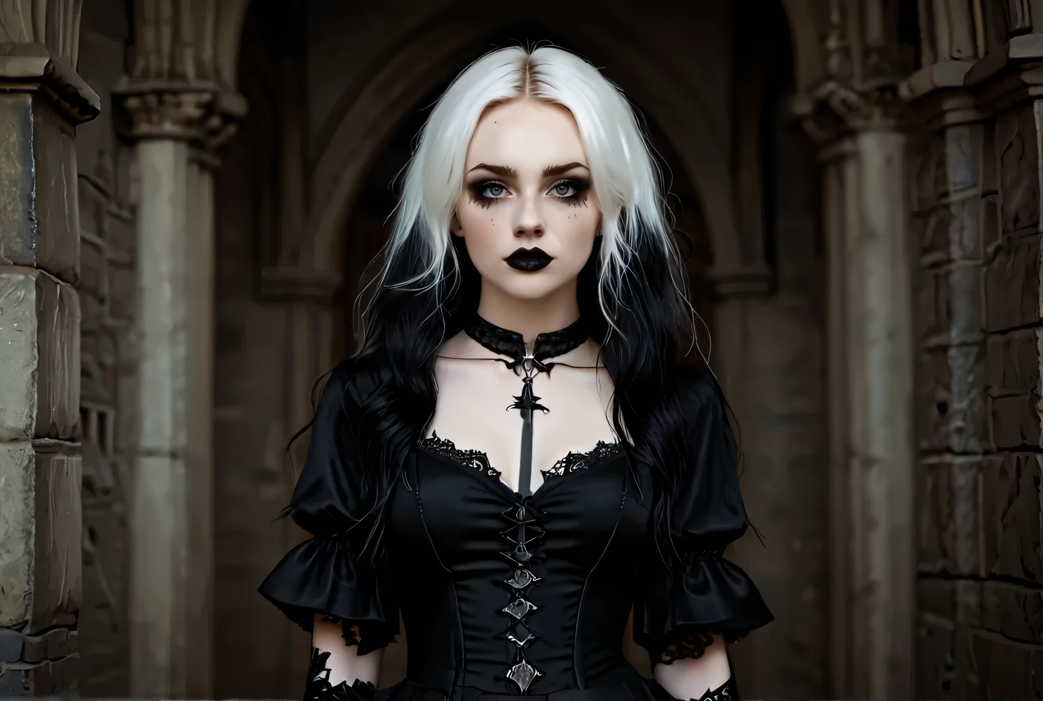 gothic, woman, long hair, blue eyes, beautiful, gorgeous, pale hair, detailed background, RAW photo, subject, 8k, soft lighting, high quality, film grain, Fujifilm <lora:gothic_v1:1>