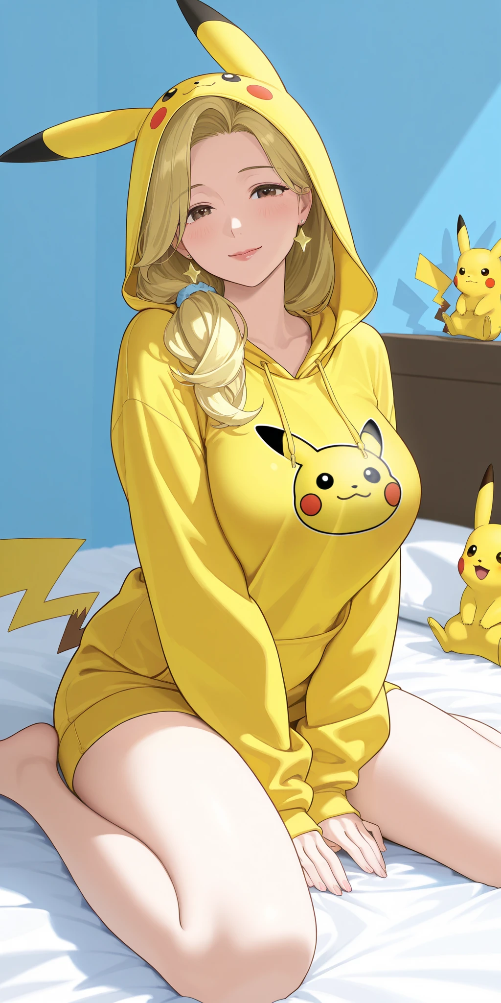 mature female, housewife, blonde hair, pikachucosplay, pikachu \(pikachu\), character print, hood, hoodie, yellow hoodie, milf, soft light, high detailed, best quality, on bed, wariza, w sitting, blue light and background Stars in attractive light blue 