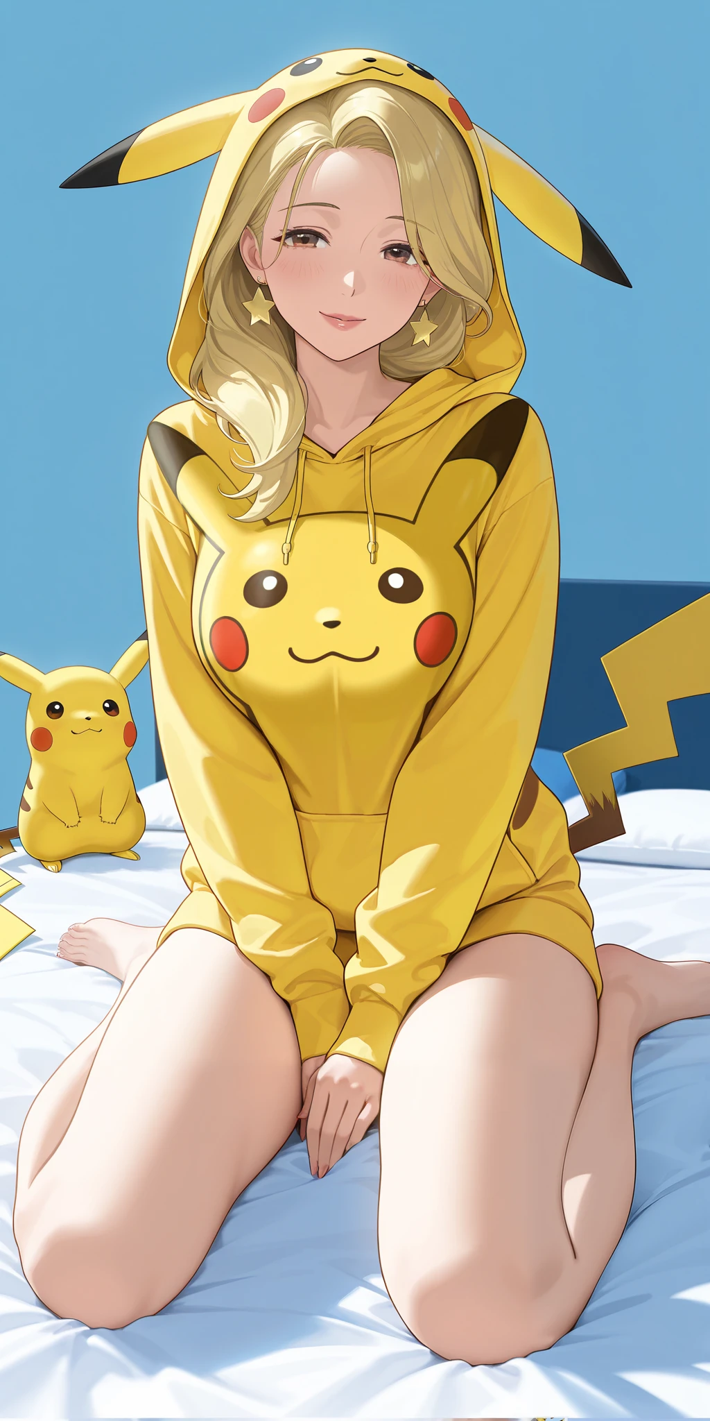 mature female, housewife, blonde hair, pikachucosplay, pikachu \(pikachu\), character print, hood, hoodie, yellow hoodie, milf, soft light, high detailed, best quality, on bed, wariza, w sitting, blue light and background Stars in attractive light blue