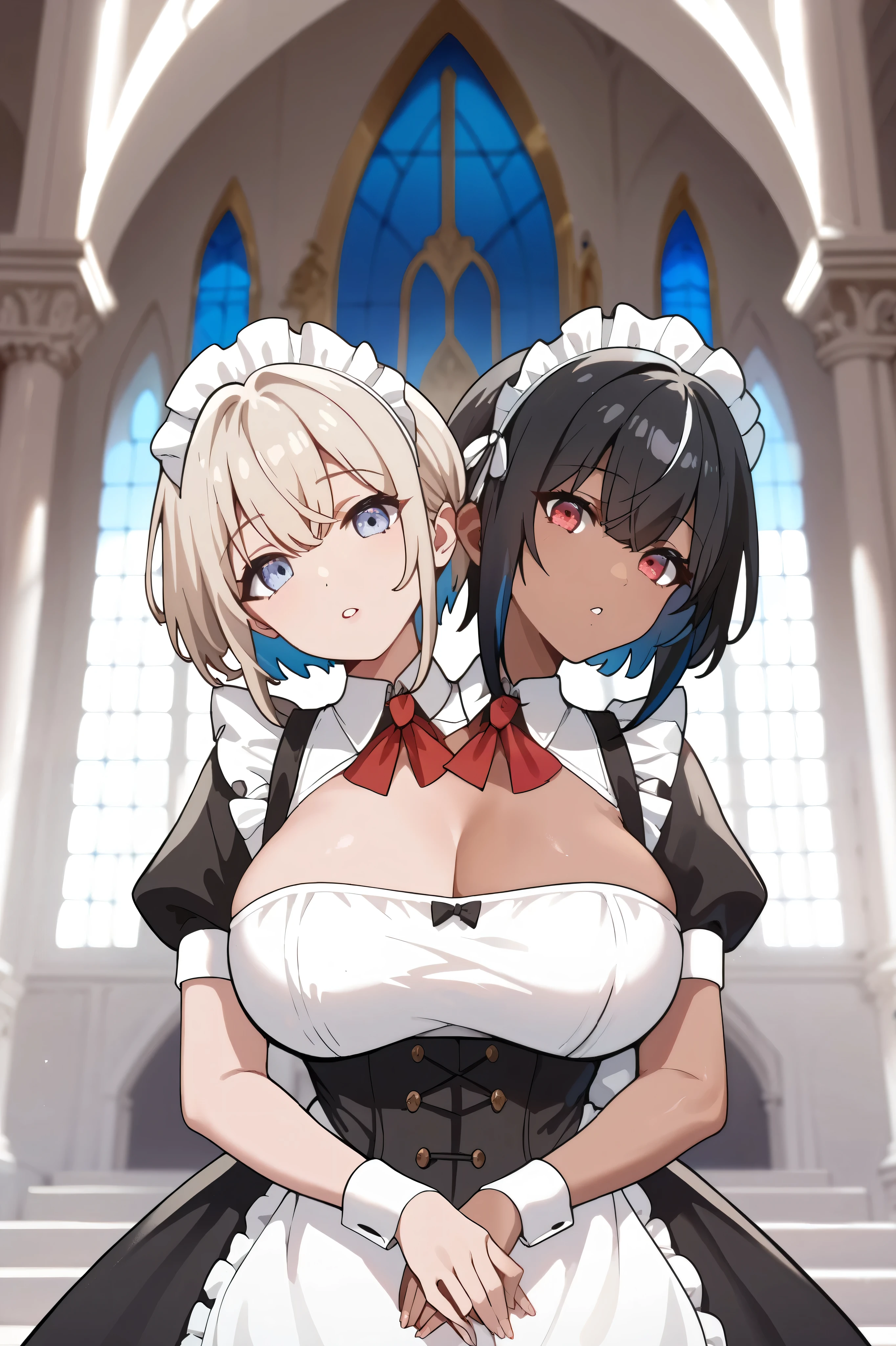 2heads, twoheads, a tall thin woman with 2 heads, white hair, black hair, blue eyes, red eyes, half dark skin and light beige skin, two tone skin, light beige skin, dark skin, maid, mansion, large breasts, front shots