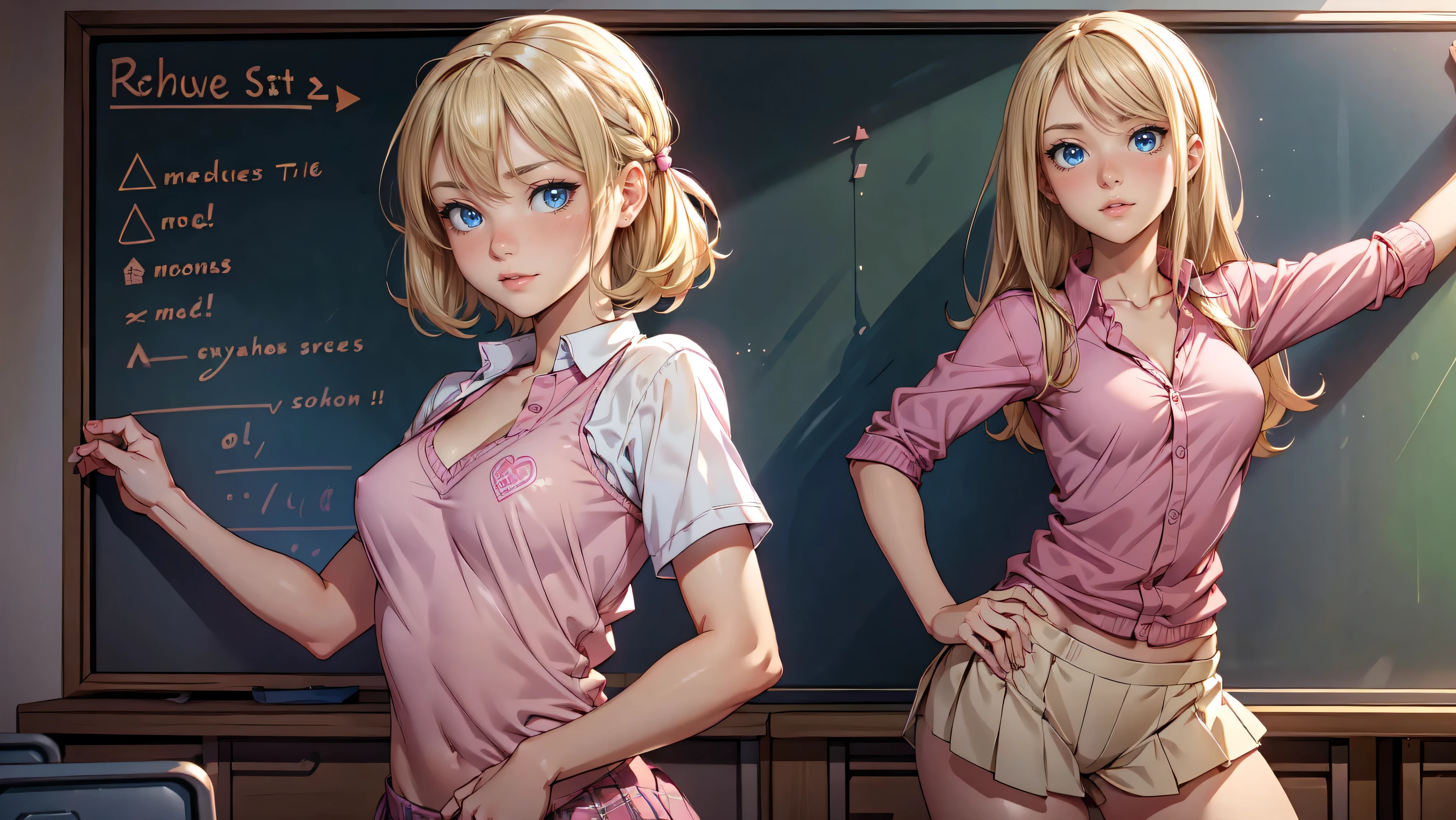 1girl, solo, single girl, young girl, Standing in a classroom, Cute blonde girl wearing revealing pink high-school uniform in classroom, sexy, petite, blue eyes, popular girl, standing in front of the chalkboard, 