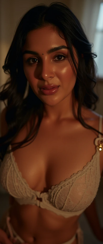 ((35 years old indian mom:1.40)), one girl, city mom, indian mom, sweaty, posing for magazine, wearing black and gold laced lingerie, ((down on all four and looking up at camera:1.37)), thick lips, hands on lips, skindentation, parted lips, deep cleavage, busty, (detailed eyes), (seductive pose), ulzzang-6500-v1.1, (large breast:1.2), , thick eyelashes, long eyelashes, black hair, red eye, sfw, ((side profile, protruding out)):1.40, brown skin
HDR, shallow depth of field, broad light, backlighting, bloom, light sparkles, chromatic aberration, sharp focus, Nikon Z 85mm
unparalleled masterpiece, ultra-realistic 8k photos, best quality masterpiece, best quality, (photorealistic:1.2), (realistic:1.5), (hyperrealistic:1.2),(photorealistic face:1.2), close up upper body shot