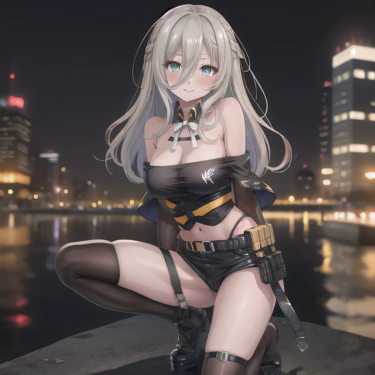 nai3 style, blurry background, 1girl, solo, off-shoulder, gloves, long hair, hair between eyes, jitome, looking at viewer, seductive smile, head rest, bestquality, sauce_anime, 最high quality, detailed, High resolution, 超High resolution, Soft Saturation, Professional Quality, Perfect contrast, Perfect lighting, Perfect Face, Perfect Face, perfect hair, Perfect Eyes, Perfect body, Perfect breasts, Perfect Arms, Perfect Skin, Beautiful Skin, Sensual woman, Shybreak POV, Above-the-knee stockings, Elbow-length satin gloves, condom belt, close-up, masterpiece, high quality, 8k, Anatomically correct