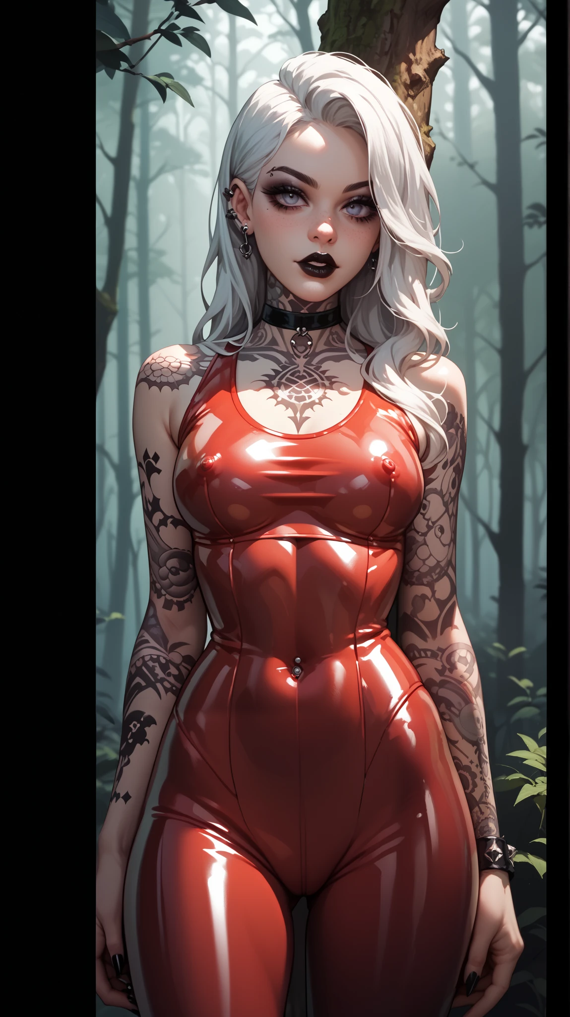 Gothic girl, 19 years old, perfect figure, white hair, third size tits, perfect body, tattoos on her face and piercings, standing in a red latex bodysuit, leaning on a tree against the background of a black eerie night forest