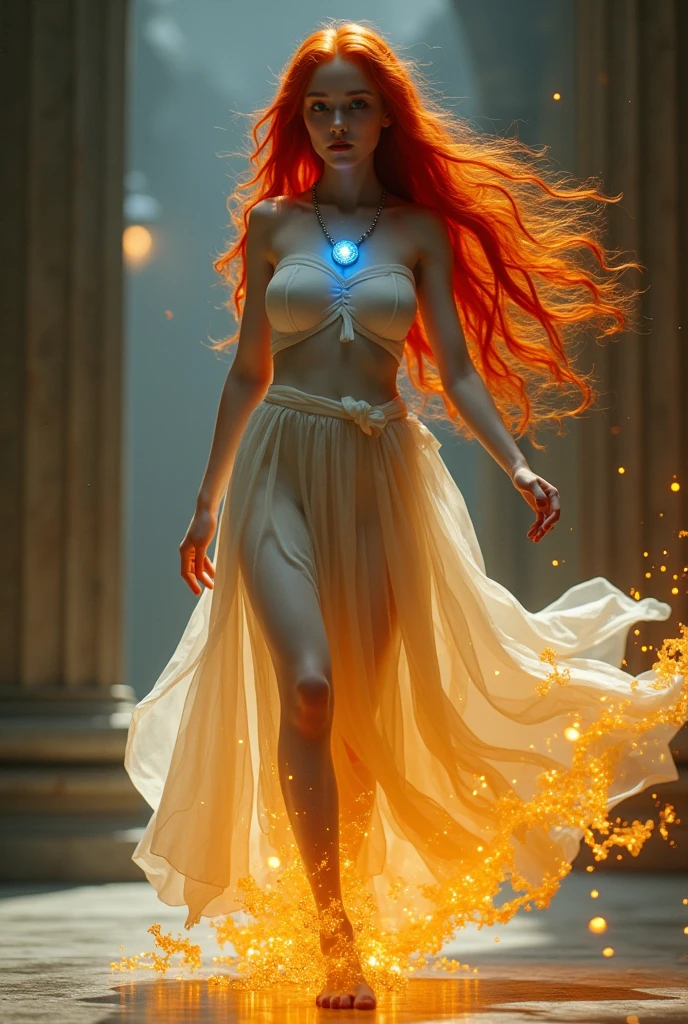 a glamour picture shot, of an elite model covered in fire walking on a icy catwalk, an extraordinary glamourous elite female model, ((full body: 1.5)),  ((anatomically correct: 1.5), (ultra detailed face: 1.2), best detailed face, orange hair, long hair, lush hair, glam hair cut, blue eyes, delicate face, light make up, wearing intricate detailed dress, glamour dress, haute couture dress, elite fashion dress, FireMagicAI,  small cleavage, wearing high heels, elegant high heels, she wears diamond necklace, she is covered in fire, she walks on an icy catwalk, image reflecting in the ice IceMagicAI, vibrant, Hyperrealism style, vibrant, Ultra-high resolution, High Contrast, (masterpiece:1.5), highest quality, Best aesthetics), best details, best quality, highres, ultra wide angle, 16k, [ultra detailed], masterpiece, best quality, (extremely detailed) RAW, chumbasket art style, photograph, photograph