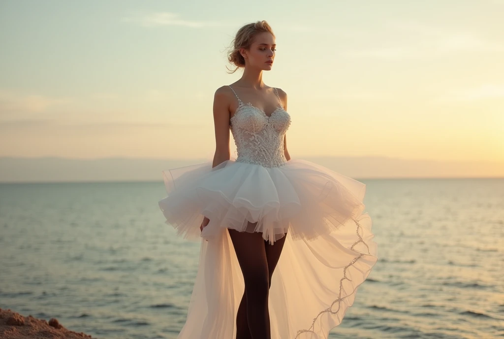 stunning photograph of a beautiful bride from behind, standing on a jetty from port, The bride wore a very short white shining latex skirt with garter belts for her socks and leather Top, skin of legs and thighs are visible, thighs are visible, blonde flat braid hair, looking to faraway, natural light, marine background, DSLR, 4k