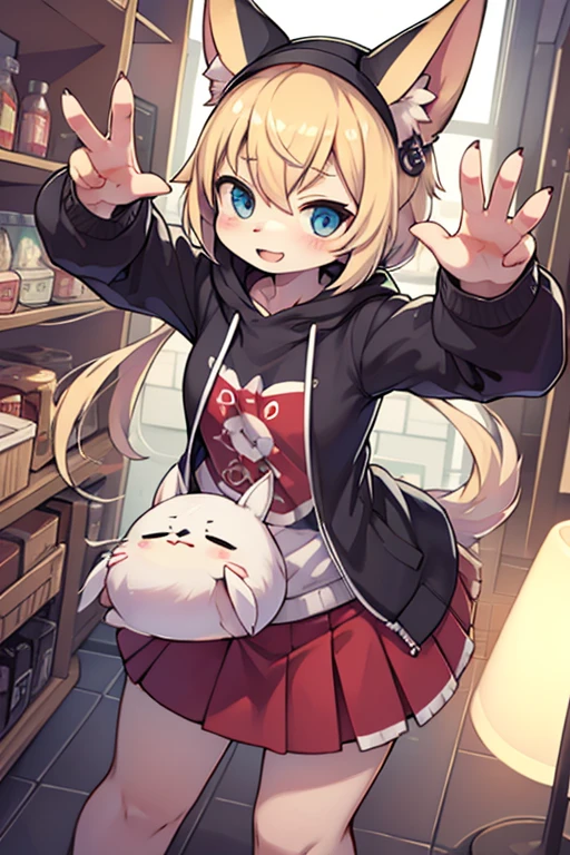 Tabby cat girl,Cat ear,Furry women,Women's Focus,Characteristics of three-year-old girls,Short stature,Bright Eyes,Magician,Black hooded cloak,Standing,