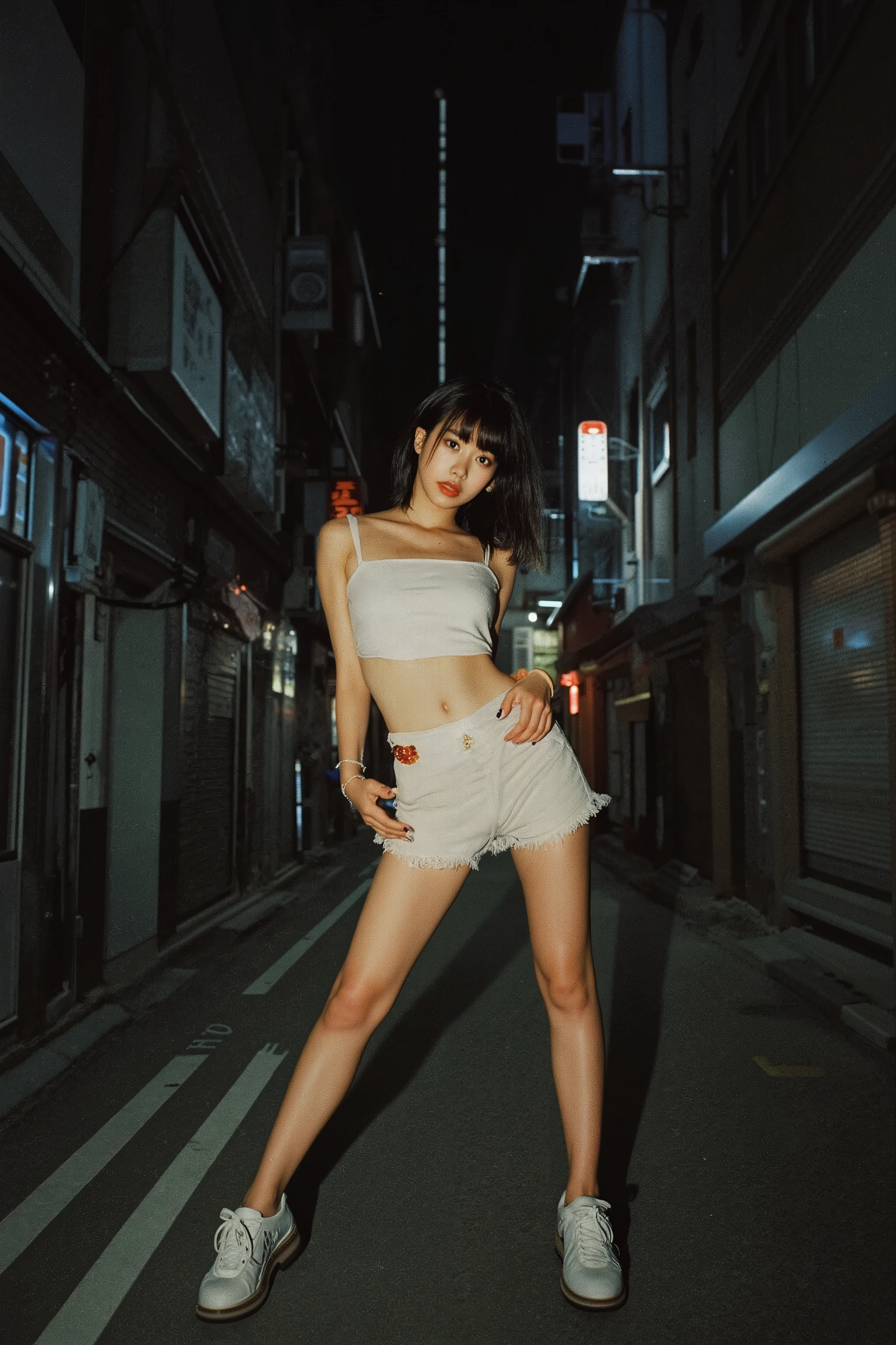 [20250210-001] (ultra-realistic, highly detailed masterpiece:1.5), (nighttime urban alley, empty and moody:1.4), (intense flash photography, harsh lighting reflecting on skin:1.4), (breathtakingly beautiful young Japanese woman:1.4), (upper body to mid-thigh framing, emphasizing toned legs and candid posture:1.4),  (summer season, daring and minimalistic outfit, sleek and form-fitting, bright colors:1.4),  (low-angle shot, enhancing strength and allure:1.3)
