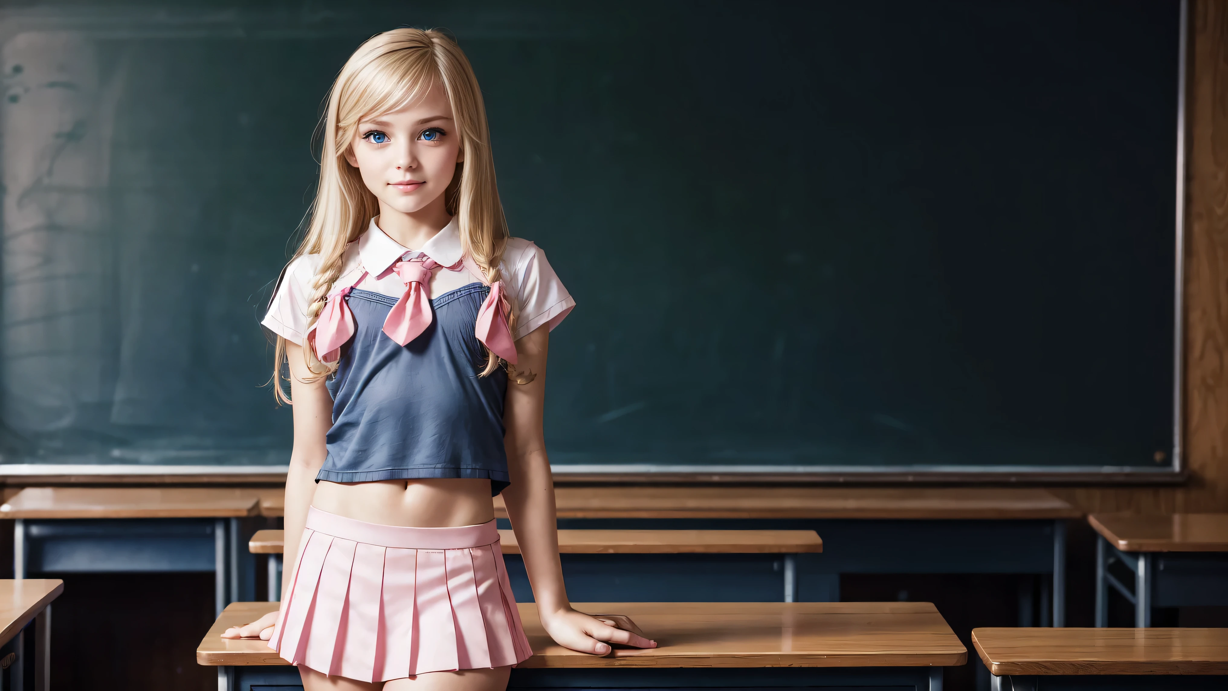 1girl, solo, single girl, young girl, Standing in a classroom, Cute blonde girl wearing revealing pink high-school uniform in classroom, sexy, petite, blue eyes, popular girl, standing in front of the chalkboard, 
