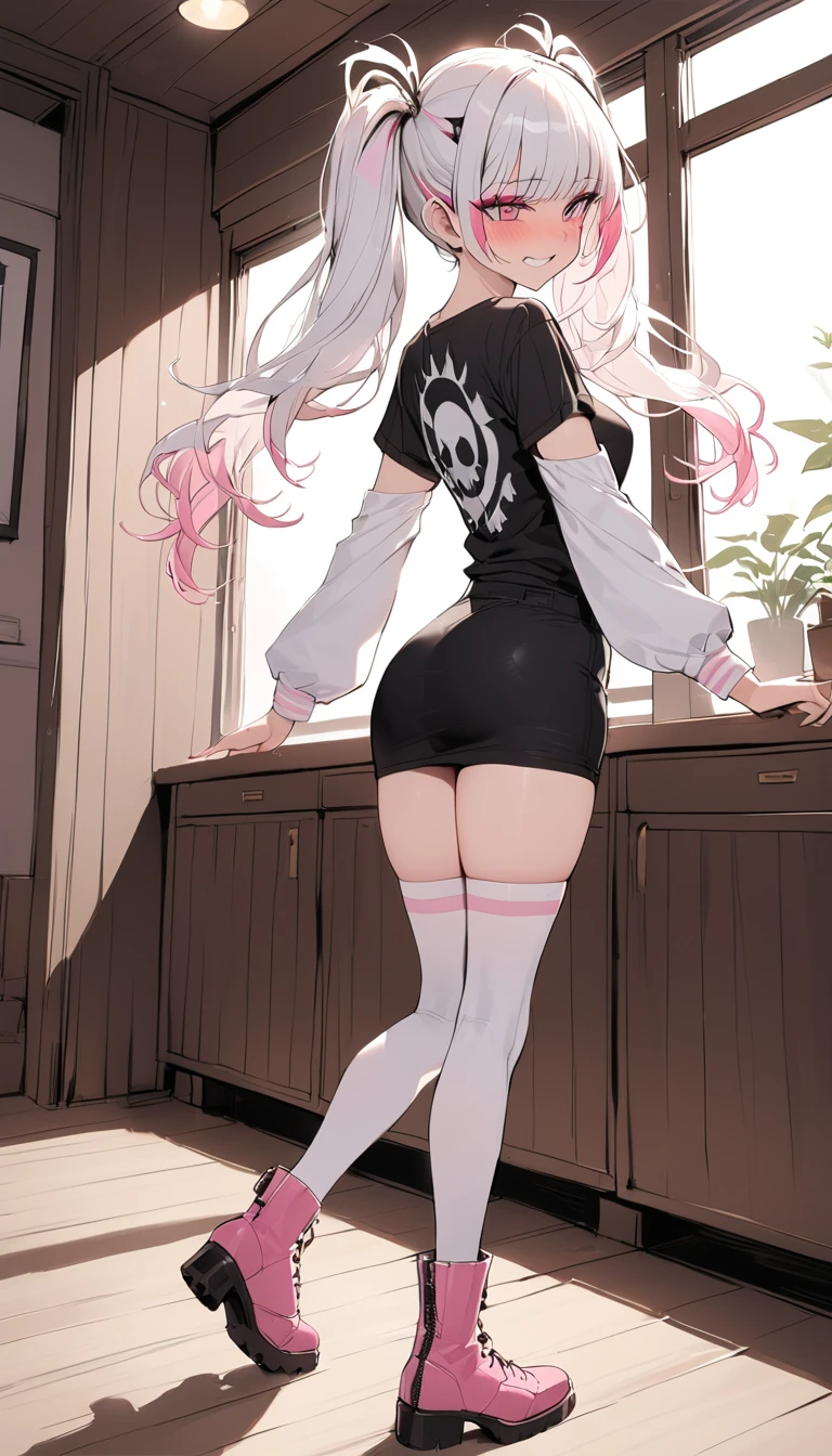 woman, Holo-Punk Style, perfect white hair, masterpiece, best quality, indoors,shy, grin, messy twintails, makeup, standing, posing, blush, black t-shirt, white striped sleeves, crawling, backwards, looking back