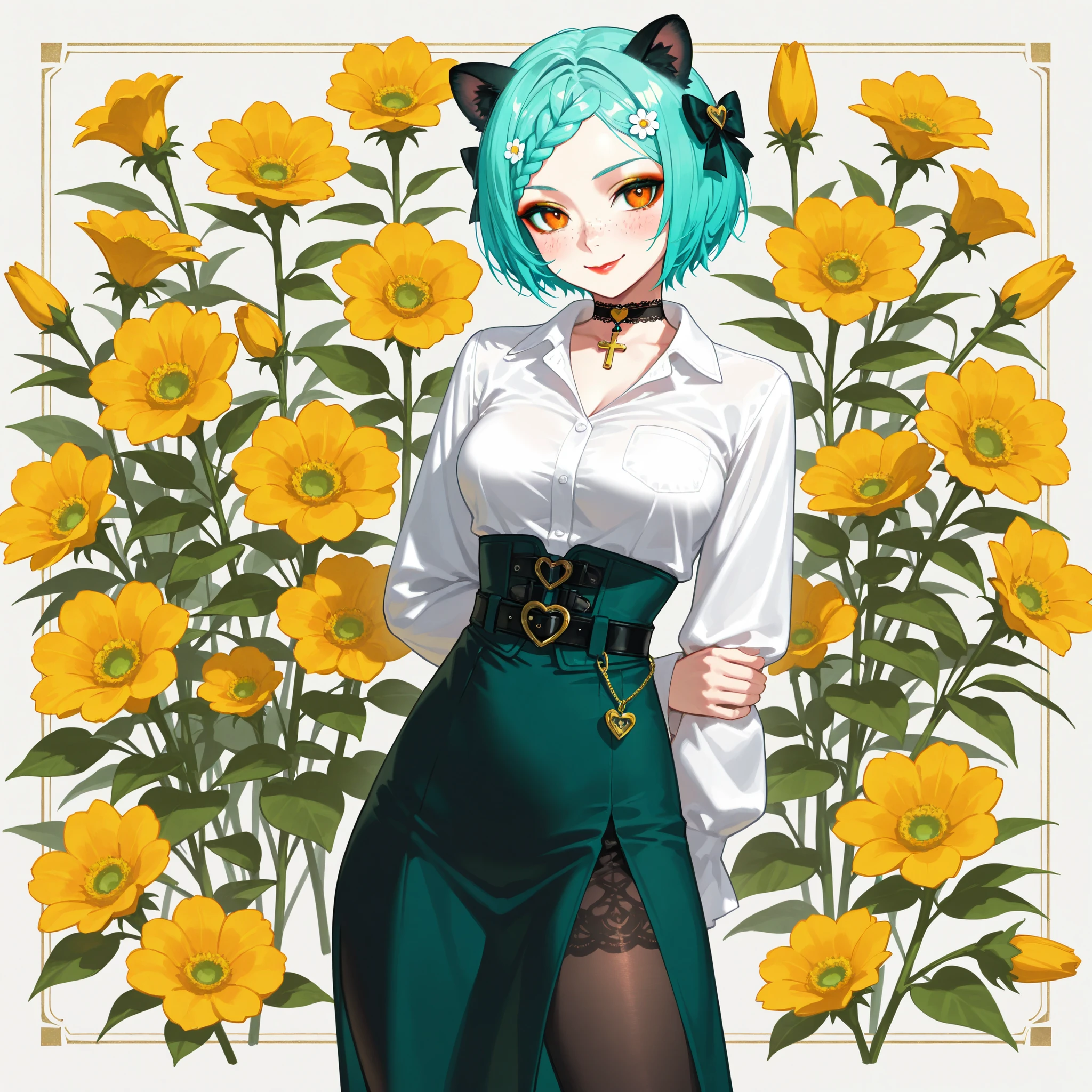 solo, 8k, aqua hair, short hair, braided_bangs_(hairstyle), calm, BREAK, orange eyes, toothy_smile, freckles, medium breasts, gentle_smile, BREAK, red_lipstick, golden_eyeshadow, 1girl, (best quality), 8k, aqua hair, short hair, braided bangs hairstyle, calm, BREAK, orange eyes, golden eyeshadow, medium breasts, blush, BREAK,1girl animal_ears arm_behind_back averting_eyes belt black_belt black_pantyhose border bow breasts choker closed_mouth collared_shirt corset cowboy_shot cross_pendant double-dress_shirt fine_fabric_emphasis flower green_skirt hair_between_eyes hair_bow hair_flower hair_ornament heart high-waist_skirt lace-trimmed_choker lace_trim long_skirt long_sleeves outside_border pantyhose pink_border shirt shirt_tucked_in side_slit skirt smile solo standing thighs virtual_youtuber white_background white_shirt wing_collar,