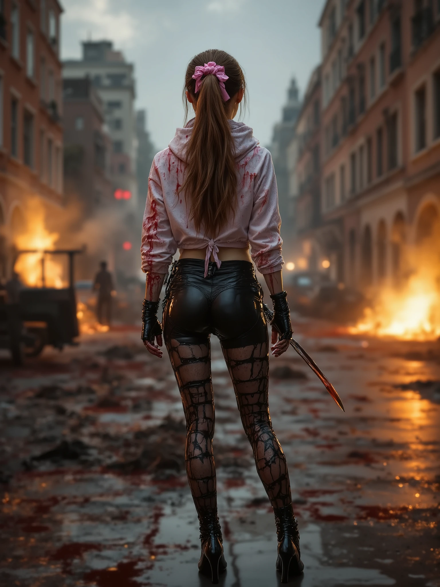 Realistic, masterpiece, ultra-detailed, full body in picture, bloody, Young girl wet, wet blood, bloody wet, action pose, flat small butt, skinny, short, in the distance, facing away from viewer, girl with kitana on her back is focal point, black ripped nylons, high cropped hoodie tied by pink ribbon, wet with blood, blood splattered, blood splattered all over her body and clothing, stiletto heels, very narrow hips, thigh gap, very small butt, petite, very thin thighs, very long dark brown auburn hair, ponytail with a long pink hair ribbon used for hair tie, kitana has pink ribbons on hilt and scabbard, kitana is sheathed and strapped to her back, bloody, blood puddles, blood spraying, fire and smoke, dark environment, explosions, fire, smoke, warzone, dealth, dismembered bodies, blood and bodyparts everywhere, cars burnt and smoking, broken glass, car windows busted out and bullet holes, explosion, building fires, smoke, light evening sky, girl is focal point,