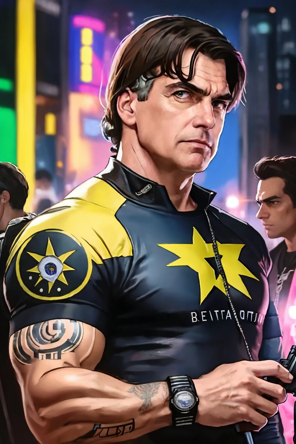  a painting of a Jair Bolsonaro , Bottom, Cyberpunk 2077 style, jauqeta roxa, night, kinematic lighting,  ultra detailed 