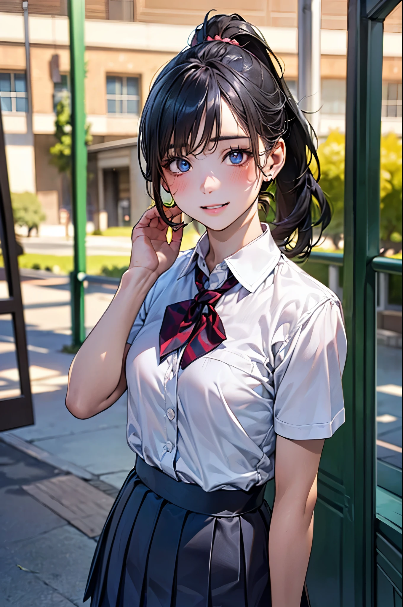 solo girl, upper body, white shirt, dark green hair, purple eyes, ((8k, hyper-realistic art, High Res)), ultra realistic, blushing, smiling at viewer, ((magazine cover))