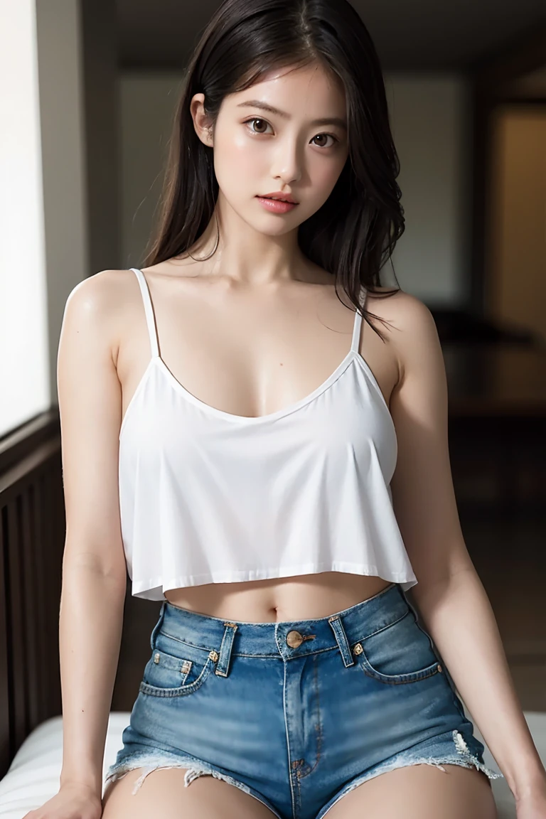 (((A short top that shows off your sexy bust:1.65)))、(((Sexy knee-highs:1.35)))、(((Short size sexy panties:1.35)))、((((Spread your legs wide、Touching the thigh、There is a lot of pubic hair showing off the crotch、large pointy breasts))))、Browsing Caution、（Humans are biologically correct、references） 、 lose extra limbsslim limbsextra numbersmutated hands and finger fusionfingersslim bad handslong necklong body anatomybad deformationbad deformation no extra breasts、Not Futanari、Not Moriman、RAW Photos, 8k, (Highest quality), Realistic, (live-action, Intricate details), (Natural skin texture, Detailed skin, Hyperrealism, Sharpness), (Japanese female college student standing in an abandoned apartment, Put your hands in your pockets), ((White tight tank top, Distressed denim pants, Low-rise buggy pants)), Fair skin, Sweaty skin, ((Very short hair, Pixie Hairstyles)), (Fascinating face, Lips parted), Navel exposed, The room is demolished, Dusty room, Cracked wall, Messy floor, Rubble pile:1.3, Broken window, Broken window glass, hard lighting:1.3, Sunset Light, Full Body Shot