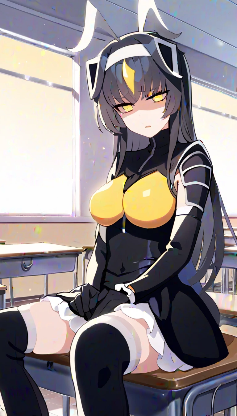 (masterpiece:1.2), best quality, ultra high res, unity 8k wallpaper, (beautiful detailed eyes:1.6), extremely detailed face, Cinematic lighting, high contrast , clear color, (perfect hands, perfect legs, perfect anatomy), best angle, 1girl, solo, smooth, simple, BREAK
zetton, hair ornament, antennae, breasts, large breasts, horns, (yellow eyes:1.2), clear pupils, black pupils, black hair, long hair, BREAK
striped thighhighs, striped, thighhighs, gloves, personification, dress, black dress, long dress, skirt, long skirt, Long skirt hemline, elbow gloves, BREAK
long legs, fanart, inside, diner, tabletop, food, drinking glass, silverware, smile, <lora:hyperfusion100k_v4:0.2>, people in background,