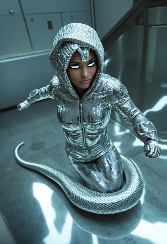Silver Serpent

Description :  A slender and fast thief with chrome skin ,  reflecting the environment around them .  Her costume is minimalist ,  made of flexible fibers that don't restrict your movements . Your eyes are two thin, shiny bands ,  with no visible expression .

angle:  Half-profile ,  capturing your speed in motion as you glide across a metal wall.

Light Composition :  Metallic reflections and play of shadows ,  highlighting your silhouette against an industrial cyberpunk background .

details:  Her body reflects like a distorted mirror ,  making it difficult to detect in the environment .