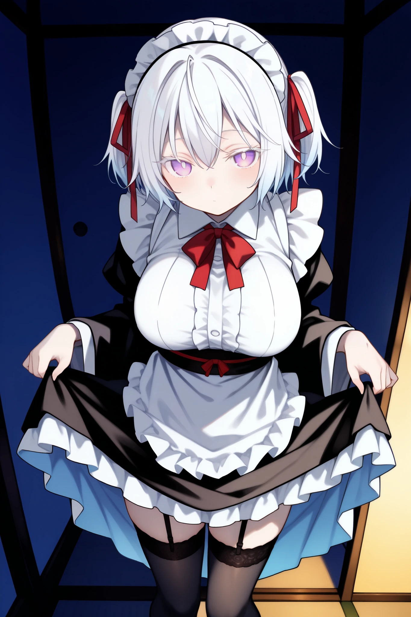 score_9, score_8_up, score_7_up, ((dim, dark room, deep shadows, japanese room)), looking at viewer, (solo, 1girl, yuki onna, white hair, short hair, two side up, habitual hair, hair ribbon, red ribbon, purple eyes), large breasts, petite, (maid, maid apron, headdress, hair ribbon, long skirt, garter straps, thighhighs), zettai ryouiki, standing, curtsey, cute face, (((white pupil))), white eyelashes, lower eyelashes, ((blash))