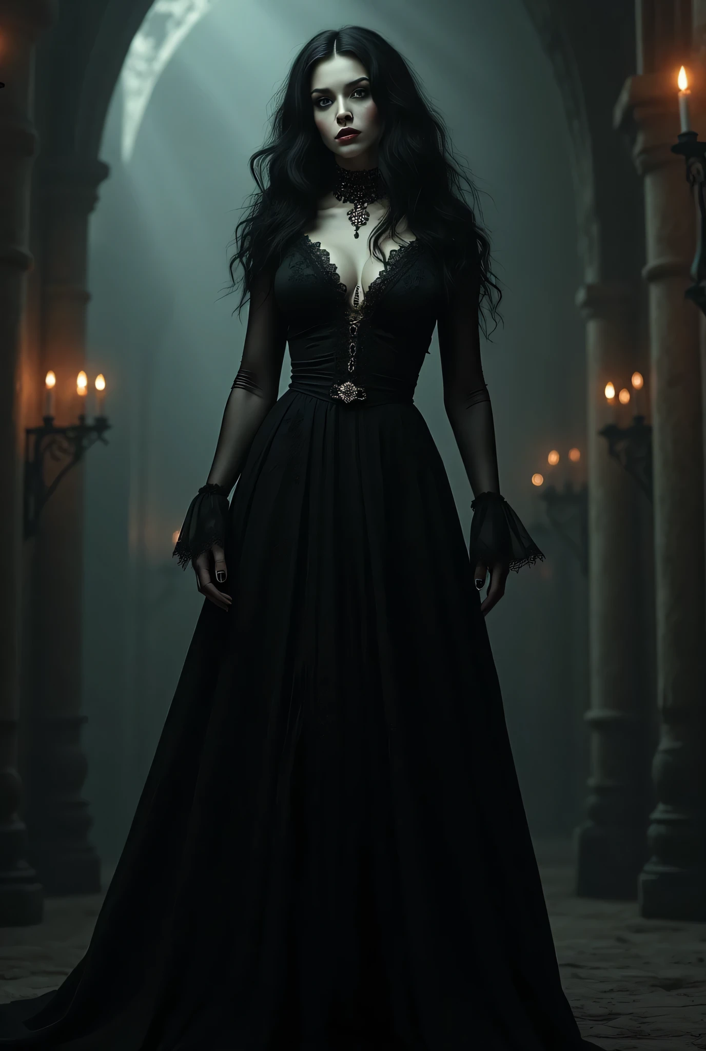 Create an image of a chic and romantic character with a black cape and a vampire appearance