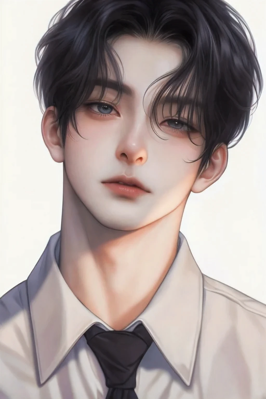 high detail 119071-0160-0036 no light and shadow, frontal portrait, 34 year old, handsome korean young, exquisite details, full-body portraits. pseudo realism 8k, a young man, slender figure and a sharp yet delicate anime-realistic hybrid style. smoothest, detailed linework emphasizes flowing hair and porcelain-like skin. soft digital shading in pastel tones creates a dreamy atmosphere. He has a narrow face, pale captivating eyes, long lashes, thin lips, and short black hair. Wears a crisp white shirt His aura is mysteriously charming--calm, mature, and warm, yet with an untouchable coolness. a korean man with handsome, fibonacci, balance, calm and serene pose, f/2.8 aperture, final rendering is polished, achieving a professional, painterly finish,