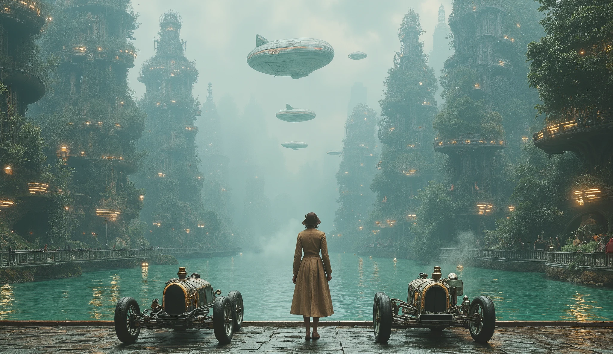 Ultra-smooth coherent movement , IMAX cinematic quality , hyper-detailed photorealism , extreme realism. majestic futuristic city extends endlessly, composed of organic skyscrapers covered in lush vegetation and turquoise rivers that wind between buildings. Suspended bridges connect the structures , and the sky is dotted with floating spheres and soft light . A beautiful and charming steampunk woman in front of a vintage steampunk car on a wet and misty steampunk racetrack (London, 1890) in the sky, Airships, Flying like ghostly figures in the clouds. The atmosphere combines mystery , retro-futuristic elegance , and technological harmony with nature . masterpiece. ultrarealistic, cinematic lighting, hyper-detailed, 8K, photorealistic.