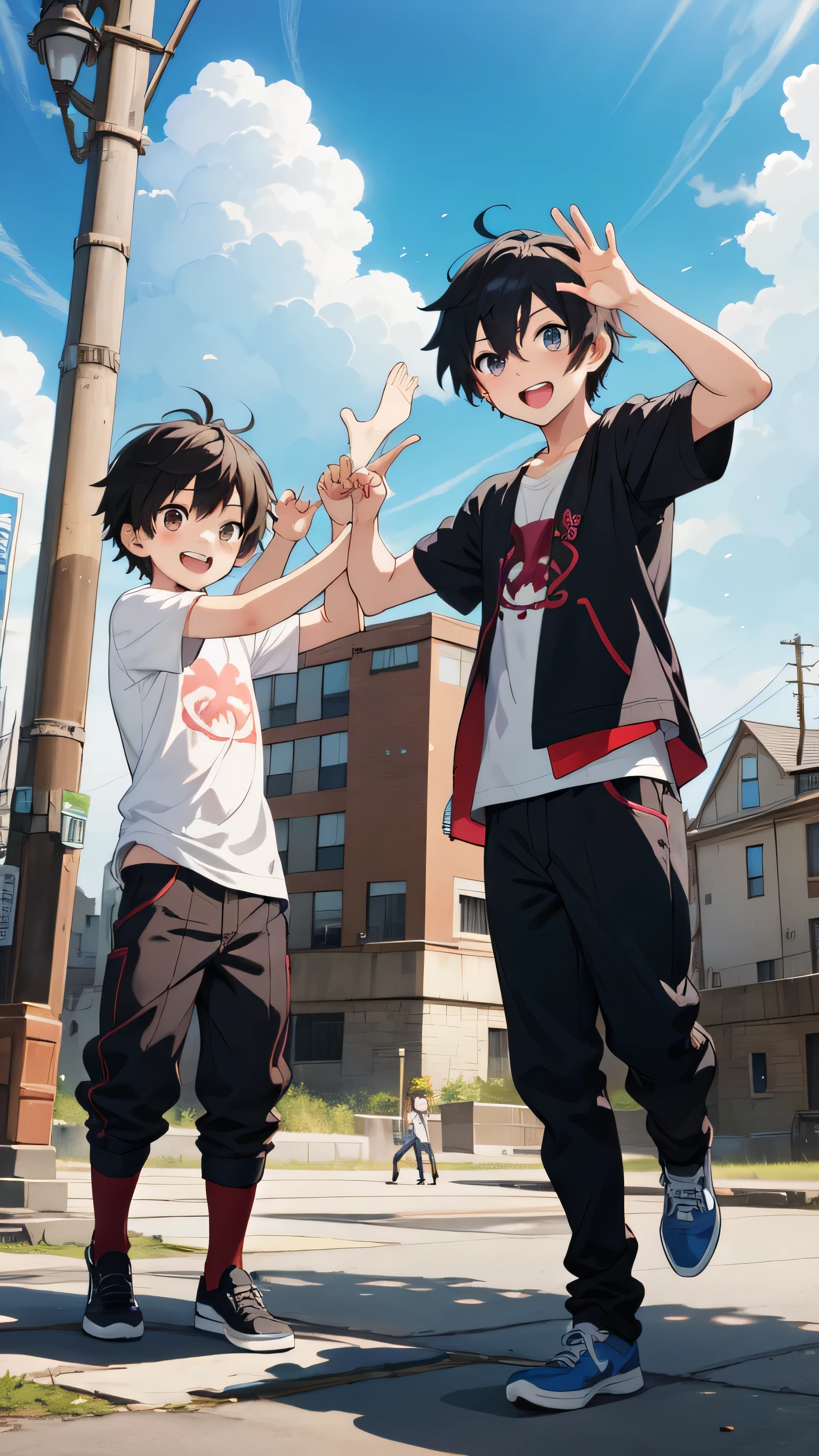 Make an image of two brothers playing and having a lot of fun anime version
