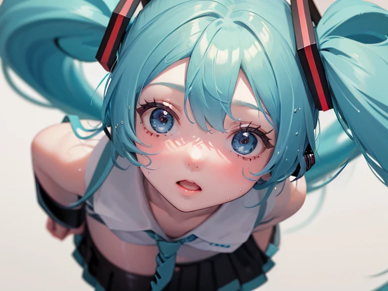 ((( Hatsune Miku)))、(1 girl),(Best Picture Quality, 8k, Masterpiece:1.3), (high school student:1.5), ((pink lob hair:1.1)), (bob cut),(swept bangs), (cute eyes, pupil black, iris skyblue, youthful face), (mole under right eye), (standard weight), (small breasts),(big hip), (glistening skin:1.1),(pale skin:1.2), (( serafuku, white sailor short sleeve simple shirt, darkblue skirt, darkblue sailor collar, pink ribbon)),(leg close-up:1.3), white panties、crack、 my crotch is soaked with love liquid