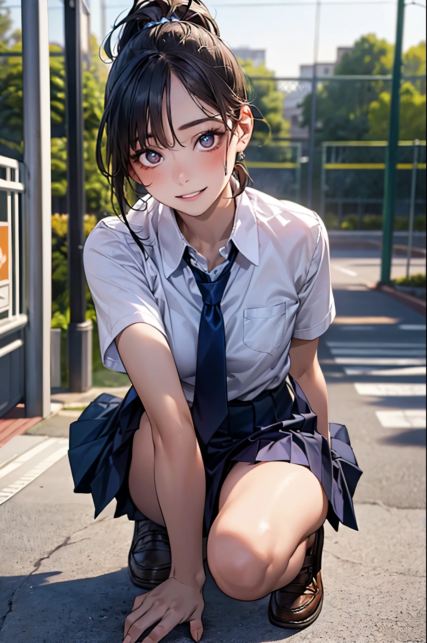 Anime illustration of a young Asian girl, black hair, fair complexion, brown eyes, seductive smile, ideal build, wearing school uniform, kneeling on wet ground, pleased expression, natural lighting, HDR, 8k, 1080p, 70mm, f/2.8, Hasselbald, detailed eyes, sleek design, highres, ultra-detailed, anime, natural lighting, school wear, seductive smile, ideal build