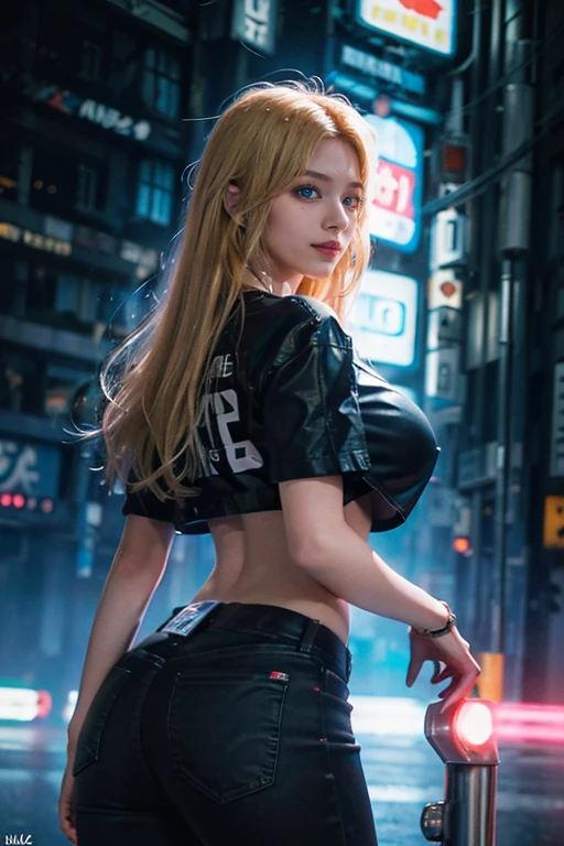 1girl, Blue eyes, (smiling), (Sana Minatozaki), wide hips, Big Boobs, big ass, (Best Quality, 8k, Masterpiece: 1.3), perfect hands, Clear Focus: 1.2, Perfect Body Beauty: 1.4 , Slender Abs: 1.2, Highly detailed face and skin texture, detailed eyes, double eyelids, (blonde long hair), (black t-shirt), (jeans), standing, dynamic pose, (in a futuristic city of tokyo), neon lights and big buildings in the background
