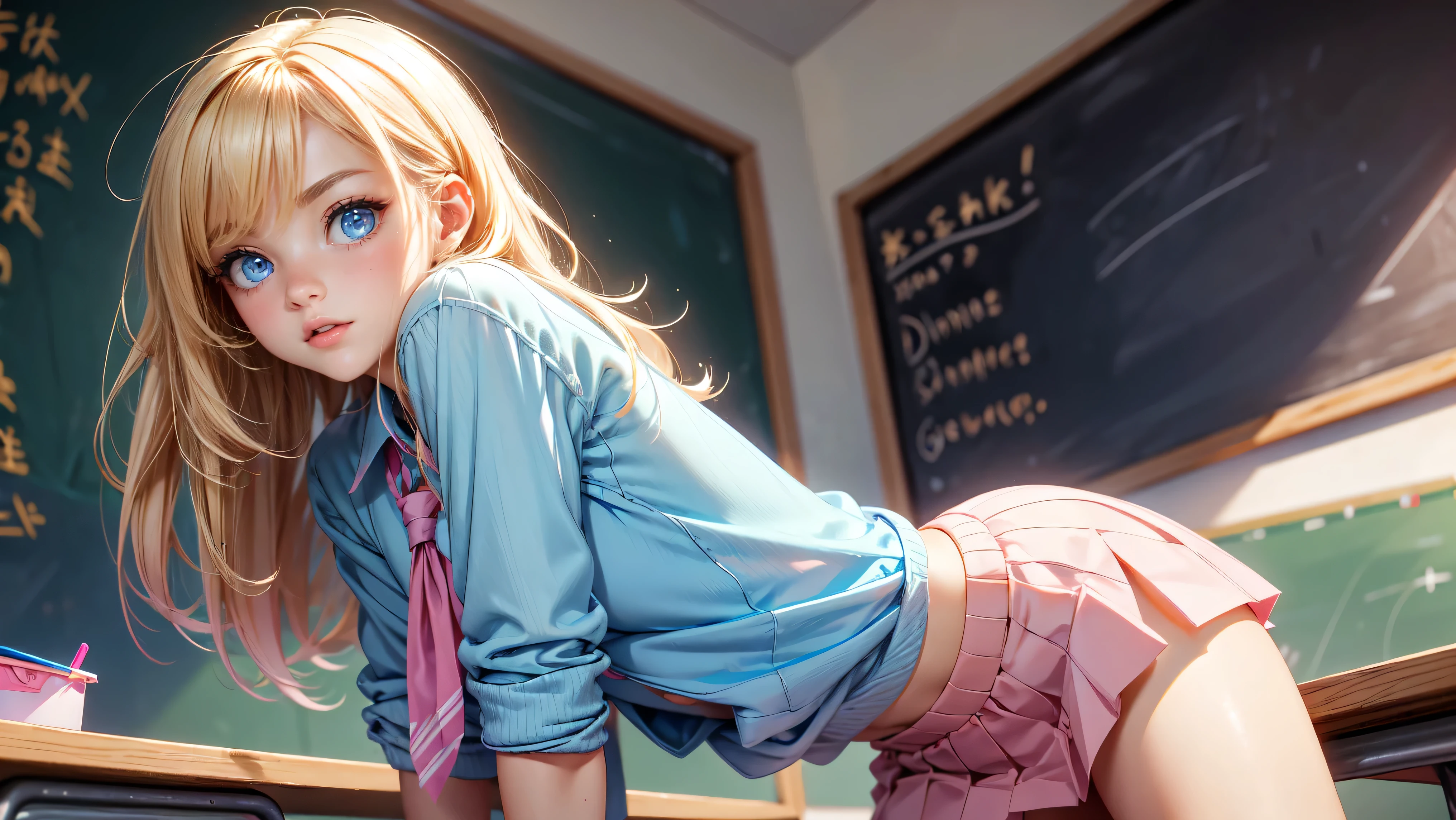 1girl, solo, single girl, young girl, Standing in a classroom, Cute blonde girl wearing revealing pink high-school uniform in classroom, sexy, petite, blue eyes, popular girl, standing in front of the chalkboard, 