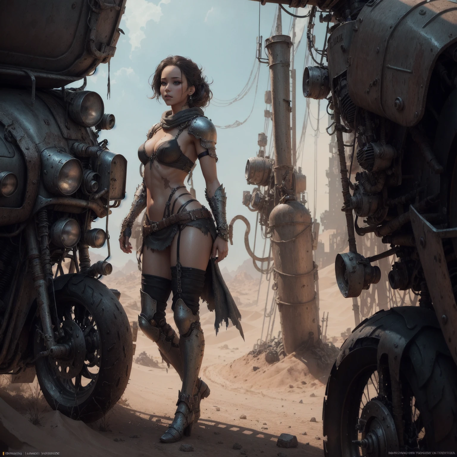 Beautiful Alluring Female Dystopian Knight jenna ortega, oily gritty Skin, Athletic Well Toned Body, Rusty Scrap Metal Ornaments, bikini armor made of car parts and scrap metal, Dystopianpunk Theme, Dieselpunk, laying on top of a car, Beautiful D&D Character Portrait, Beautiful Face, Ominous, Dark Fantasy, Fiverr Dnd Character, Octane Render, Digital Art, Extreme Detail, 4k, Ultra Hd, Polished, Beautiful, Hyperdetailed, Intricate, Elaborate, Meticulous, Photorealistic, Sharp Focus, Wlop, Character Design, Unreal Engine, 3d Rendered, Volumetric Lighting, Reflections, Glossy, Digital Illustration, Sensual Pose, Suggestive Pose, Full Body Shot, 💖❤💕💋❣