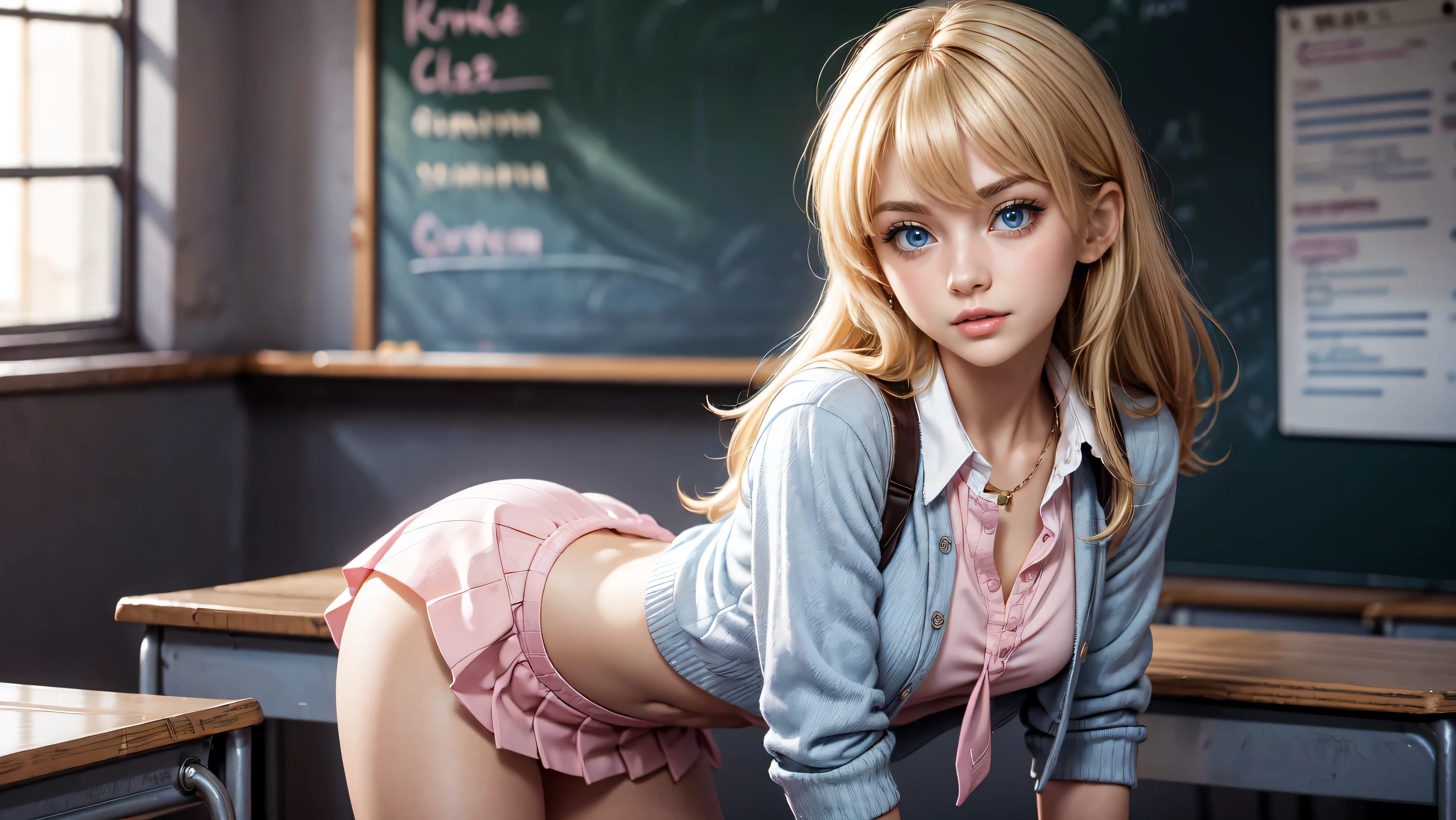 1girl, solo, single girl, young girl, Standing in a classroom, Cute blonde girl wearing revealing pink high-school uniform in classroom, sexy, petite, blue eyes, popular girl, standing in front of the chalkboard,