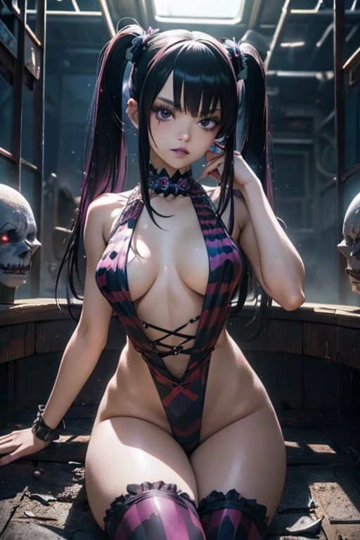 Horror-themed, 1girl,sidelight,frontlight,blurry background,
cinematic_lighting,blush,cowboy_shot,sweat,<lora:holographic1_10xl-10:0.1>,holographic fabric,crystal,<lora:tangwei_SDXL_1_:0.3>,tangwei,<lora:Vswimsuiti_XL_reg0_-000004:1>,vswimsuit,bare arms and shoulders,waterpark,red swimsuit,, Eerie, unsettling, dark, spooky, suspenseful, grim, highly detailed