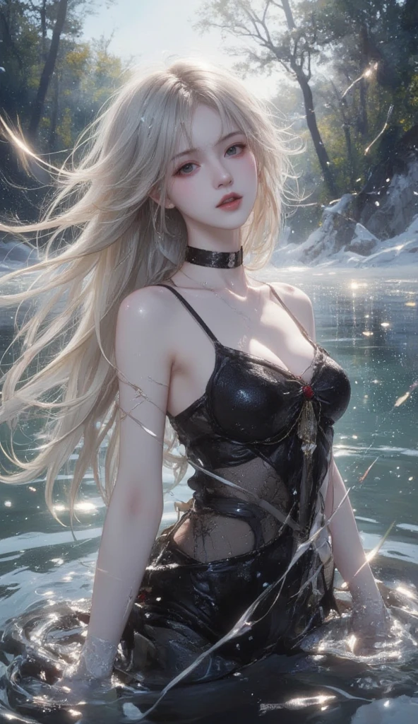Create a hyper-realistic 8k human portrait of a female, incorporating the characteristics of Lucifer from Helltaker and the detailed facial features described. The portrait should capture Lucifer's essence, with her signature red eyes, white hair, demon horns, and tail, while also reflecting the delicate and harmonious facial features outlined. Her face should be oval-shaped with soft contours, framed by gracefully arched eyebrows and almond-shaped eyes with striking red irises. The cheeks should have high and pronounced cheekbones, casting subtle shadows, and the lips should be full and well-defined, with an elegant contour. Additionally, the hair should be luxuriant, cascading in waves of light-ash blonde with platinum highlights.
The attire should consist of a black dress and a black choker around the neck, adding to her allure. She should exude a serene and introspective demeanor, with a slight upturn at the corners of her mouth suggesting hidden depth. The background should be a deep matte black, ensuring she remains the central point of interest. Attention should be paid to fine details, such as the tattoos on her shoulder and upper arm, consisting of elegant black-ink designs of botanical and geometric patterns. Furthermore, she should possess very large bosoms, fitting into an H-sized cup, accentuating her figure, with substantial thighs. This full-body portrait should be rendered with realistic textures and a harmonious color palette, capturing Lucifer's beauty and mystique.