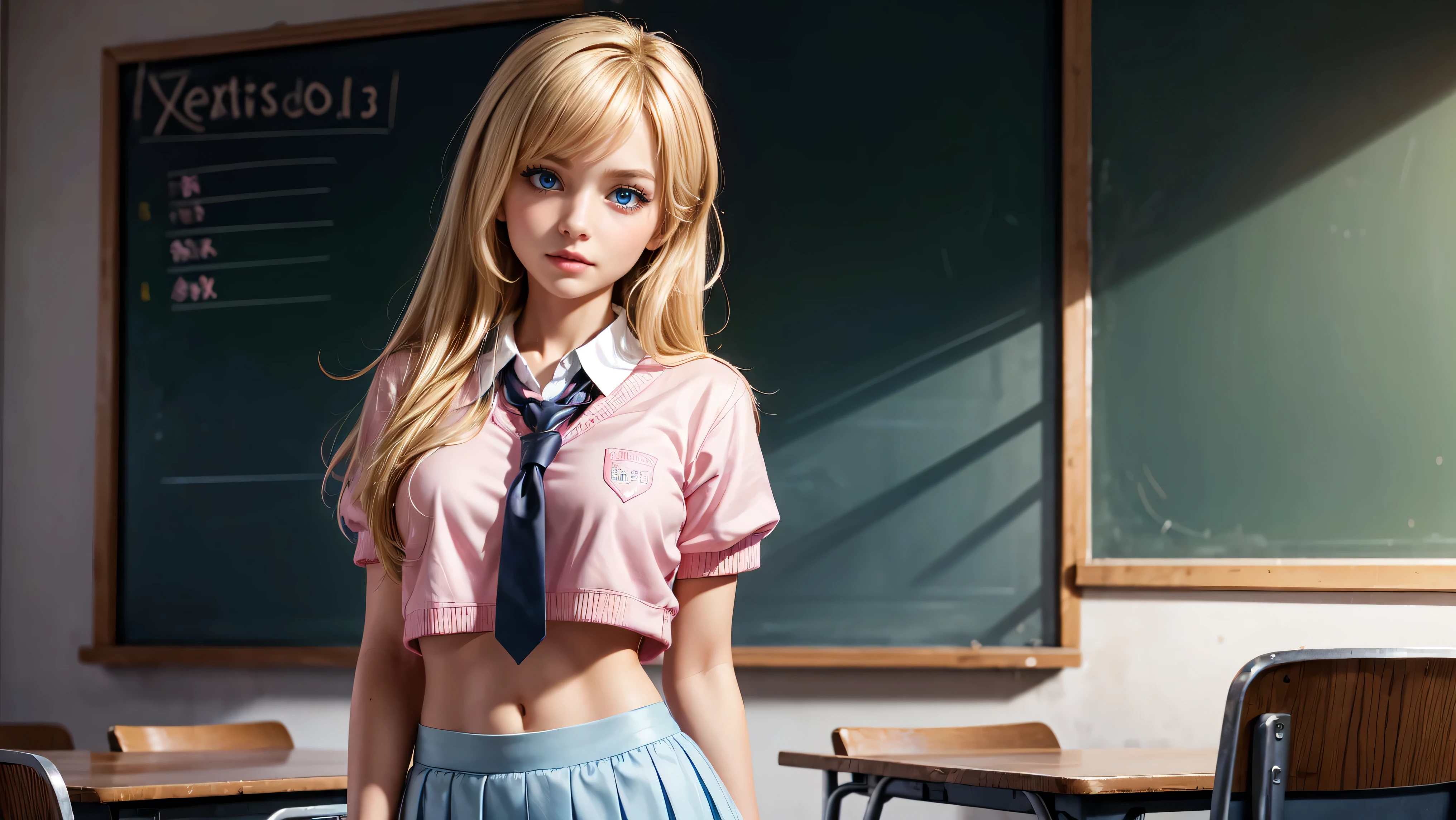 1girl, solo, single girl, young girl, Standing in a classroom, Cute blonde girl wearing revealing pink high-school uniform in classroom, sexy, petite, blue eyes, popular girl, standing in front of the chalkboard, 