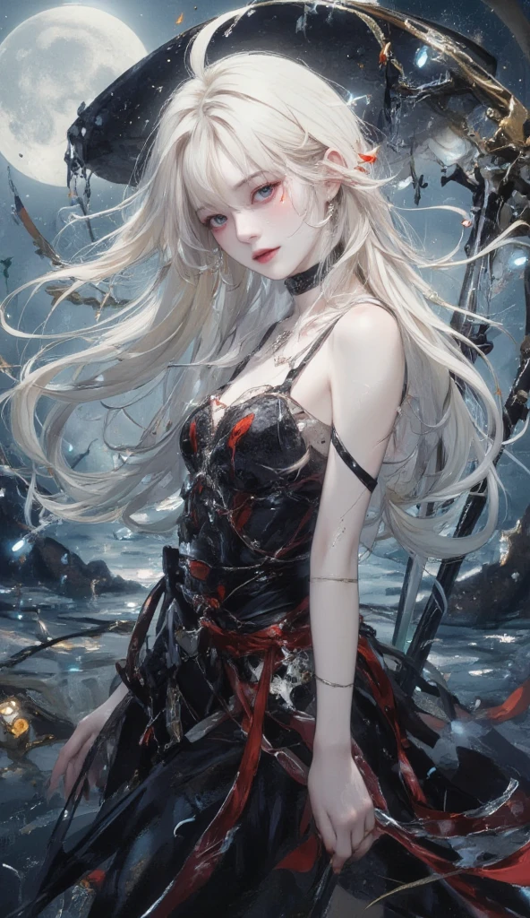 black and white and blue and red,(best qualityer, ultra detali, high resolution, extremely detailed CG),Long shot,Dead angels stand on the edge of the cliff,she is very beautiful,she like blood and sea,bloody rain, mystic,Fanatic, intrikate, surreal,dainty