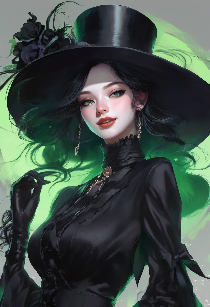 A woman. Black Pinstripe Suit. Hat. grenn eyes. Green lipstick. Green and Black Hair. Small Breast