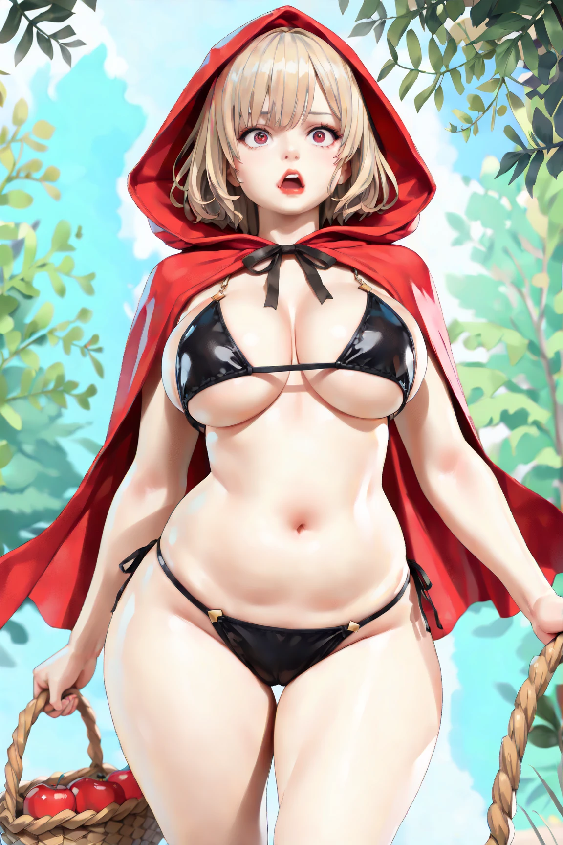 super high image, super detail, super high resolution, best quality, (full body image), ((anime)), (((masterpiece))), , (((single girl))), (16years old),(pretty face), (perfect body), (hourglass body shape), (high quality hands), ((blond hair)), (beautiful eyes), ((massive breasts:1.3)), (showing cleavage), (sexy), ((((red riding hood outfit)))), sexy expression, (((erotic pose))), (thin waist:1.0), (wide hips:1.2), (thick ass:1.0), ((in forest)), ((midriff)), ((mini skirt)), full body (NSFW breasts), hdri, extremely naked, nude, nua, pelada, nsfw, perfect proportions human body, gigantic breast 1.9