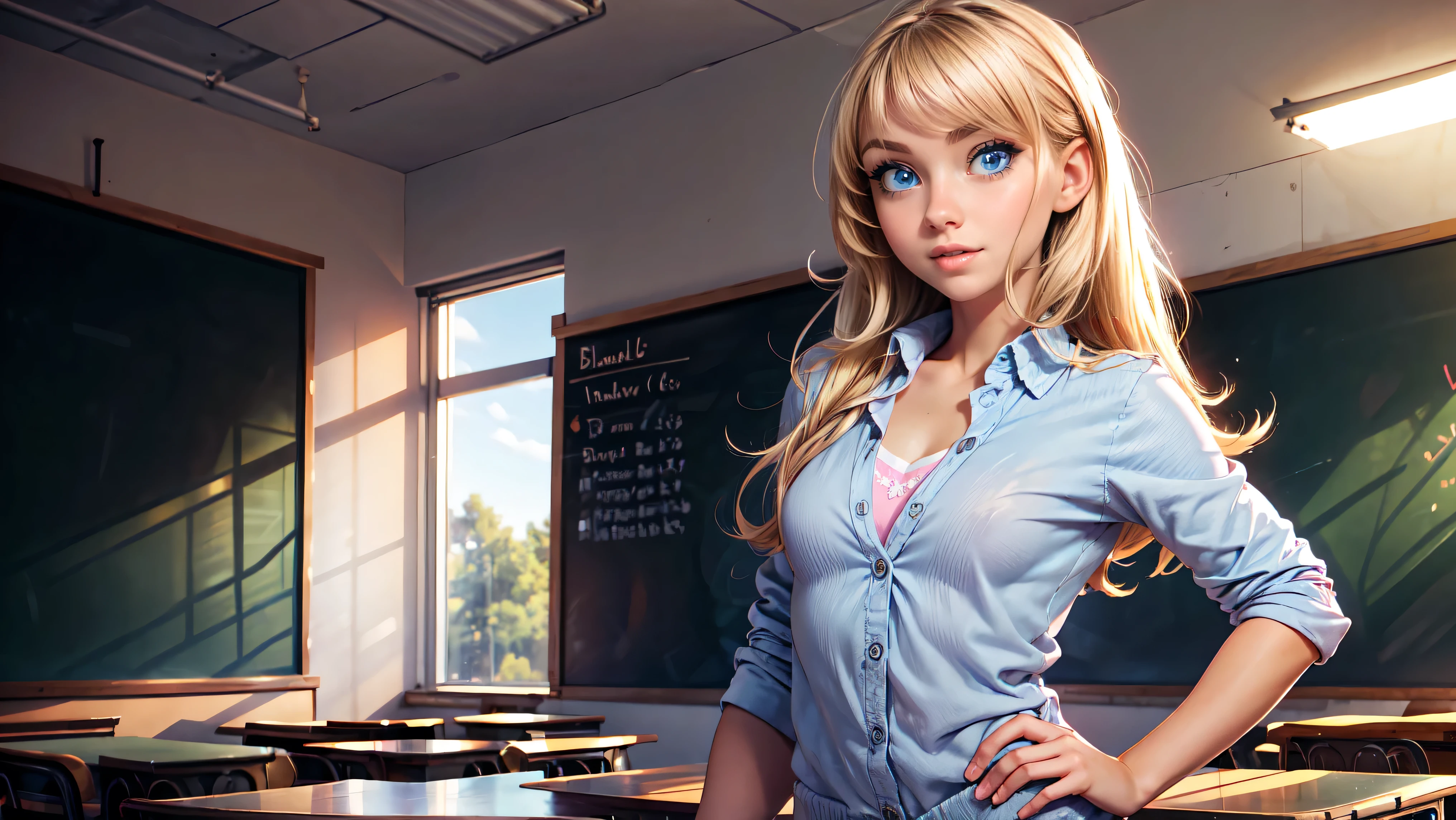 1girl, solo, single girl, young girl, Standing in a classroom, Cute blonde girl wearing revealing pink high-school uniform in classroom, sexy, petite, blue eyes, popular girl, standing in front of the chalkboard,