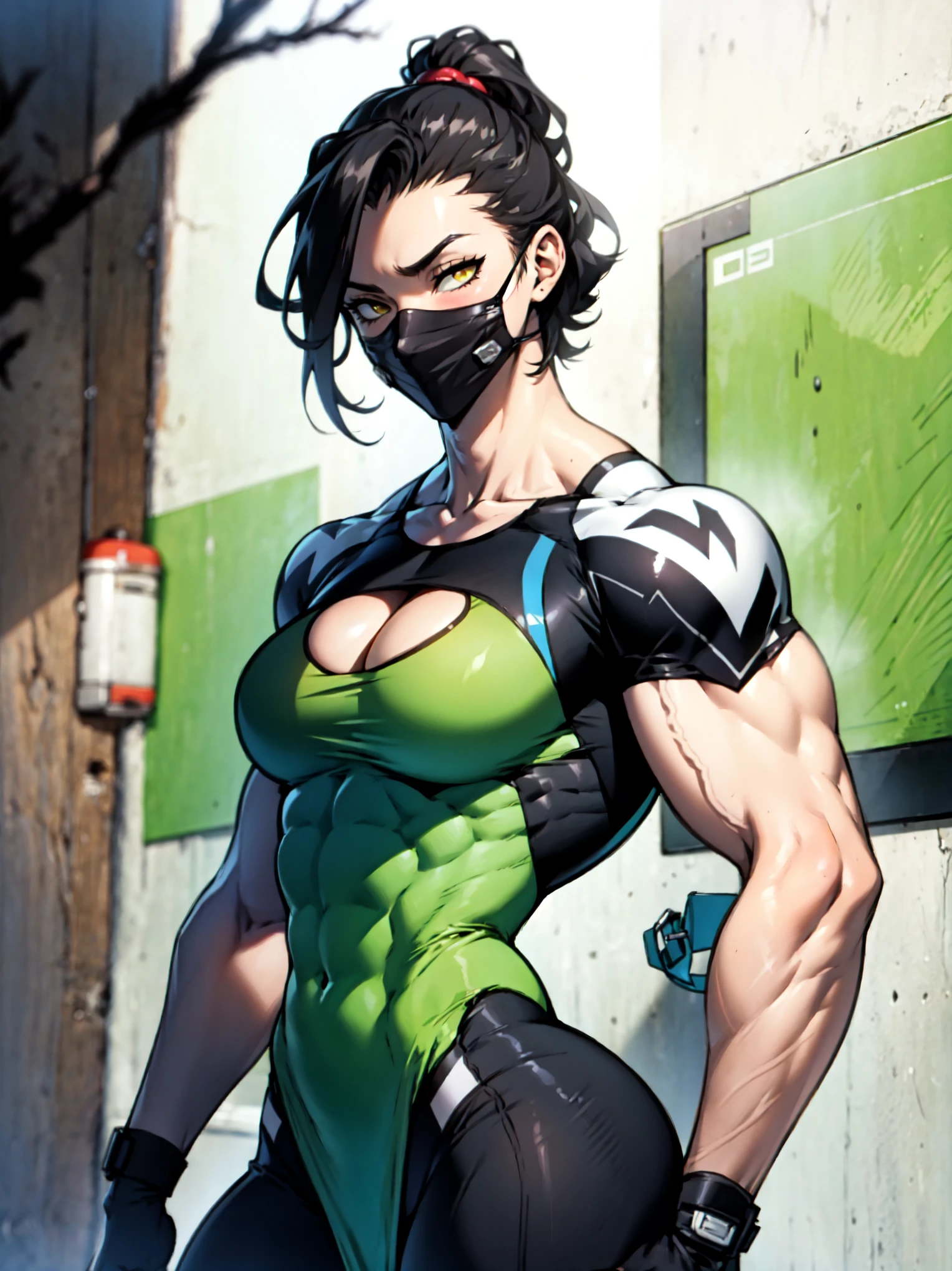 empty eyes embarrassed girl female huge breasts breasts pale skin 1girl muscular toned body huge breasts thick thighs black hair yellow eyes bodybuilder