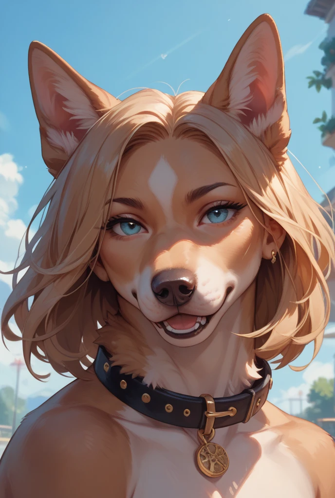 Furry ahegao girl face, tanuki face, depraved face, side view, tongue hanging out, saliva from mouth, eyes upturned, blue eyes, long blond hair, French braid