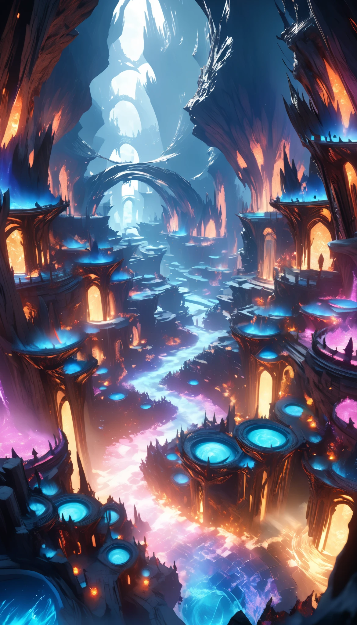  ultra high resolution, A three-dimensional underground labyrinth, beautiful complex, ultra-high detailed, break (complex underworld Realm:1.37, high quality:1.27), from above, dynamic motion, Phantasmal iridescent fantasy, sharp glow, shining, complex underworld Realm, A bird's-eye view of the vast underground, pastel colored, real vivid fine atmosphere, Super realistic, beautiful blurred background, 16k, Super Retina, absolute quality