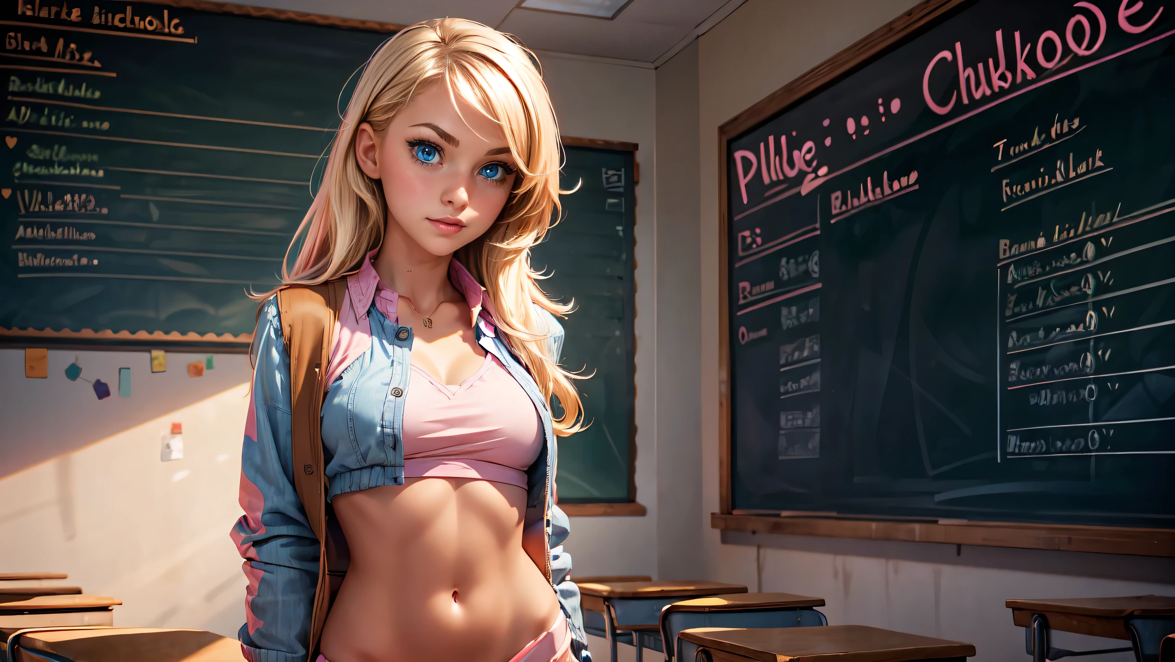 1girl, solo, single girl, young girl, Standing in a classroom, Cute blonde girl wearing revealing pink high-school uniform in classroom, sexy, petite, blue eyes, popular girl, standing in front of the chalkboard,