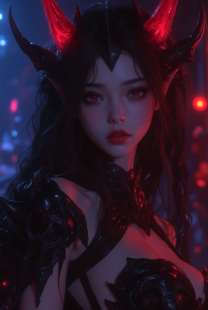 1 beautiful devil woman from hell, In the Dark: 1.6), surreal female portrait by David Hockney and Alphonse Mucha, fantasy art, korea doll, photorealism, dynamic lighting, artstation, poster, volumetric lighting, very detailed faces, 8k ultra, Awarded, in the dark, deep shadow, low key, cowboy lens, (Red phoenix dress: 1.4), long hair, black hair, bust, luxurious palace, Royal style, devil crown, red eyes make up very sharp and detailed, The most beautiful face, The breasts are very big and round and round, Super realistic, chinese women's clothing, polo neck sweater, Charming smile, The eyes are very well made up, guweiz, devil style, wearing black mesh socks, Ponytail with a bow tied at the back of the hair, Red black lips, Devil tattoo on shoulder, wearing a thin red and black robe, the landscape is overcast and thunderous, (Portrait), Close-up of the main character, (Background details 1.8),